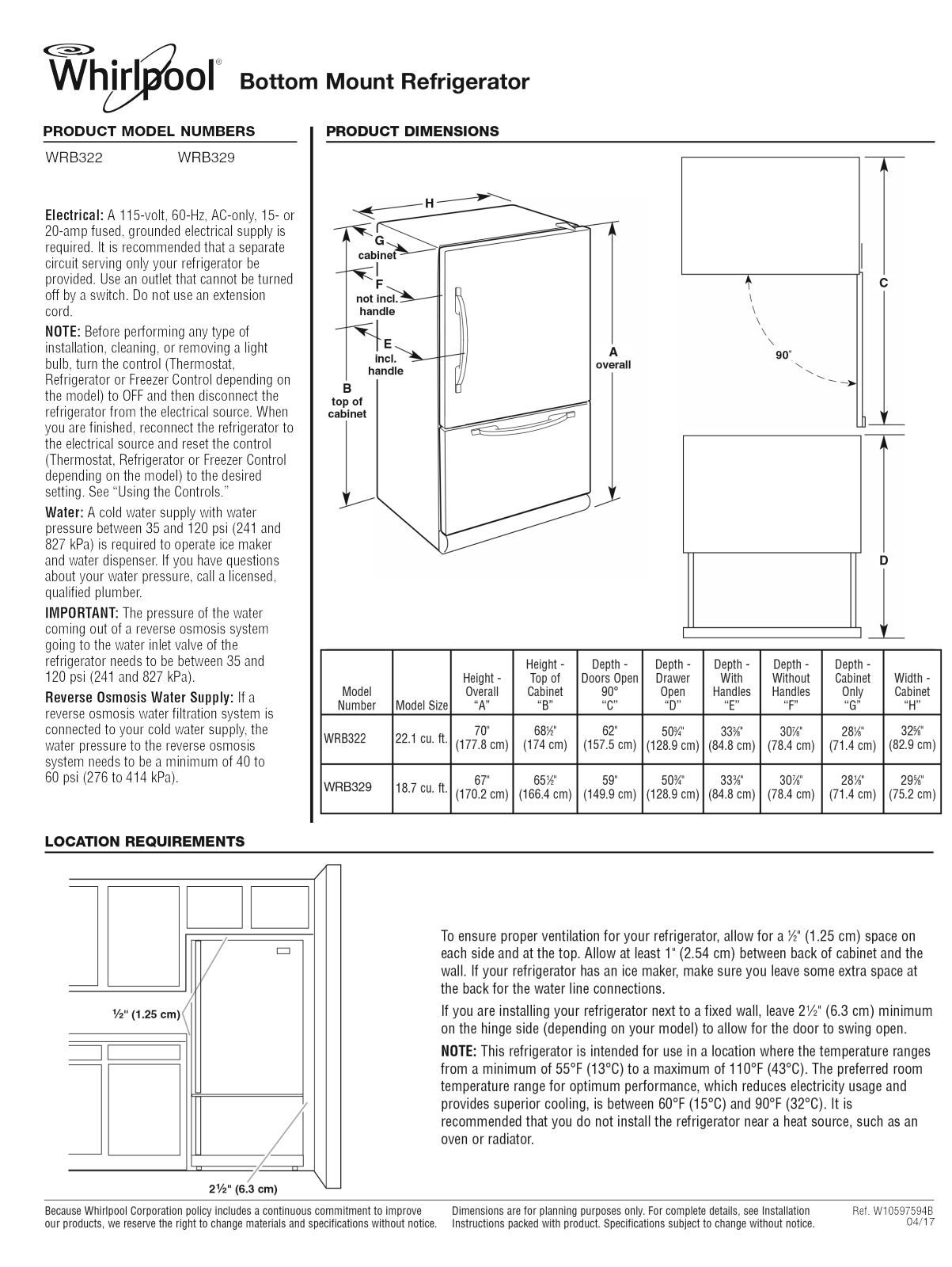 Whirlpool WRB322DMBB, WRB329DMBB Dimension Guide