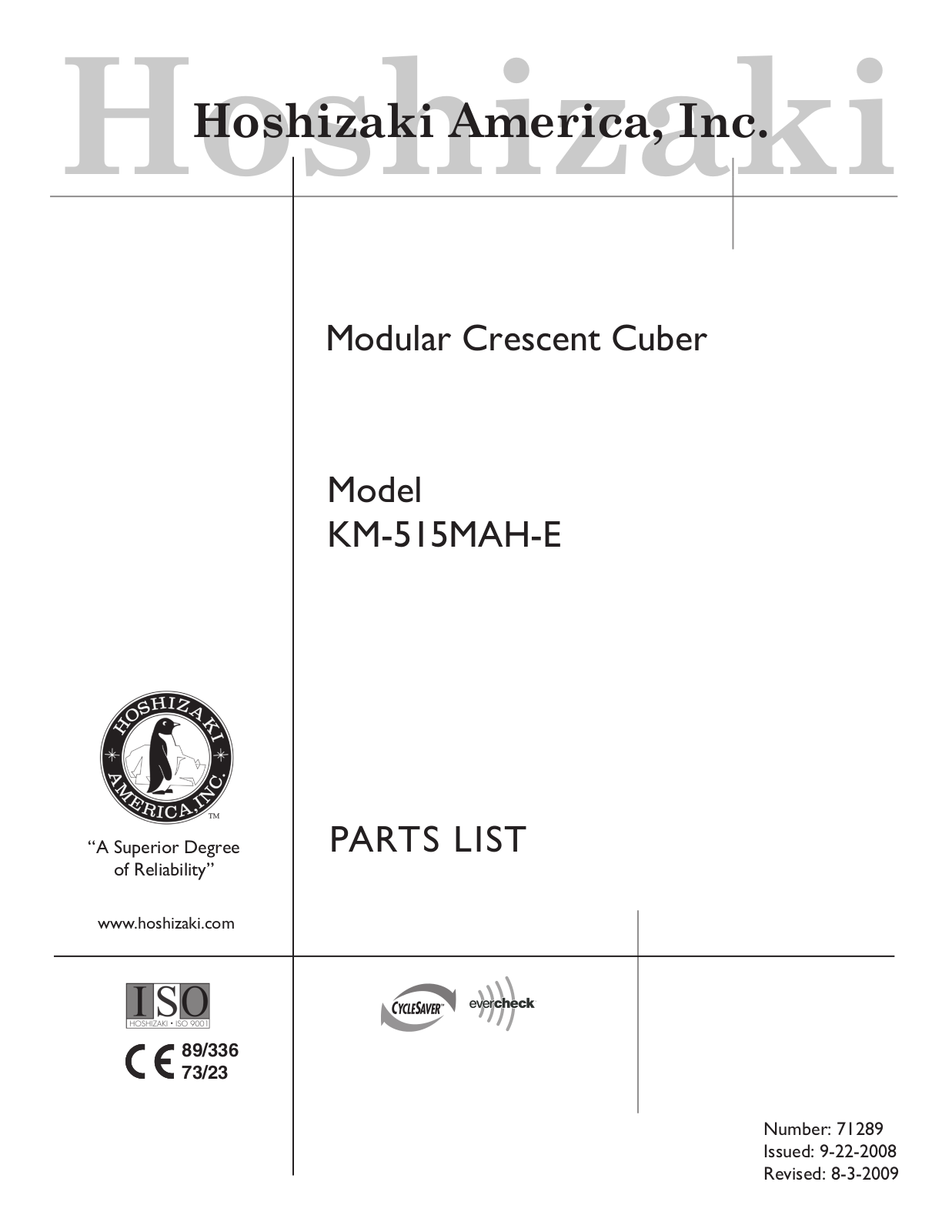 Hoshizaki American, Inc. KM-515MAH-E Part Manual