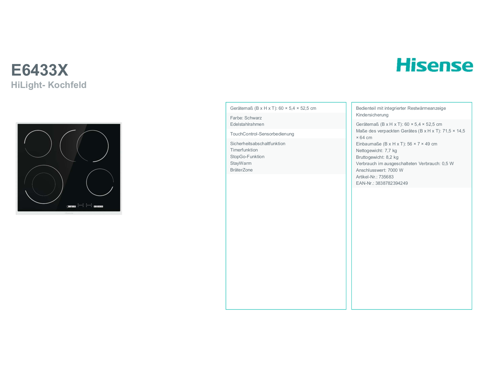 Hisense E6433X Technical data