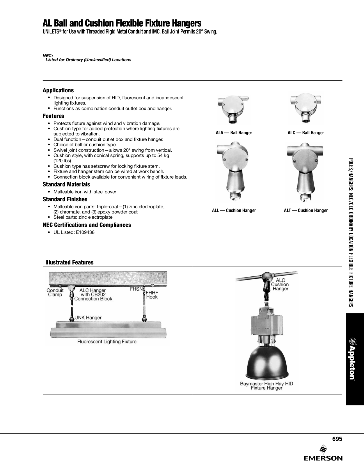 Appleton AL Ball and Cushion Flexible Fixture Hangers Catalog Page