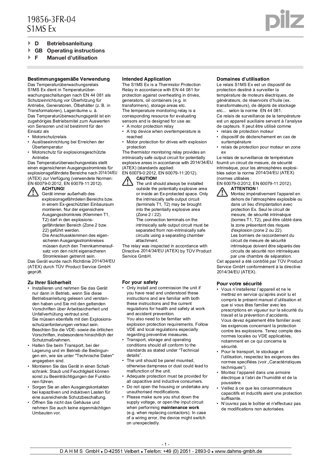 Pilz S1MS Ex Operating Instructions Manual