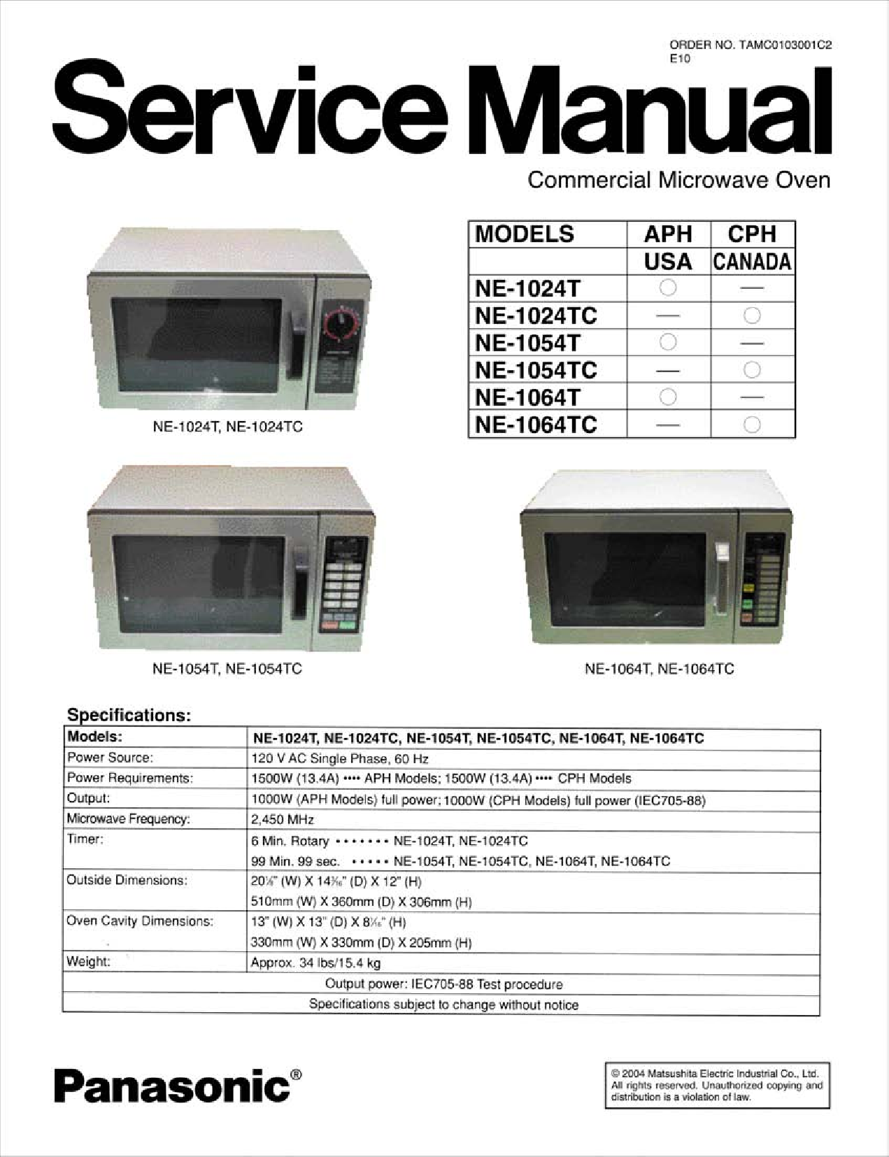 Panasonic NE-1024T, NE-1054T, NE-1024TC, NE-1064TC, NE-1054TC User Manual
