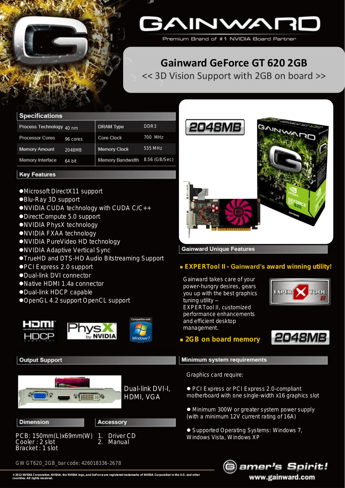 Gainward GeForce GT 620 2GB SPECIFICATIONS