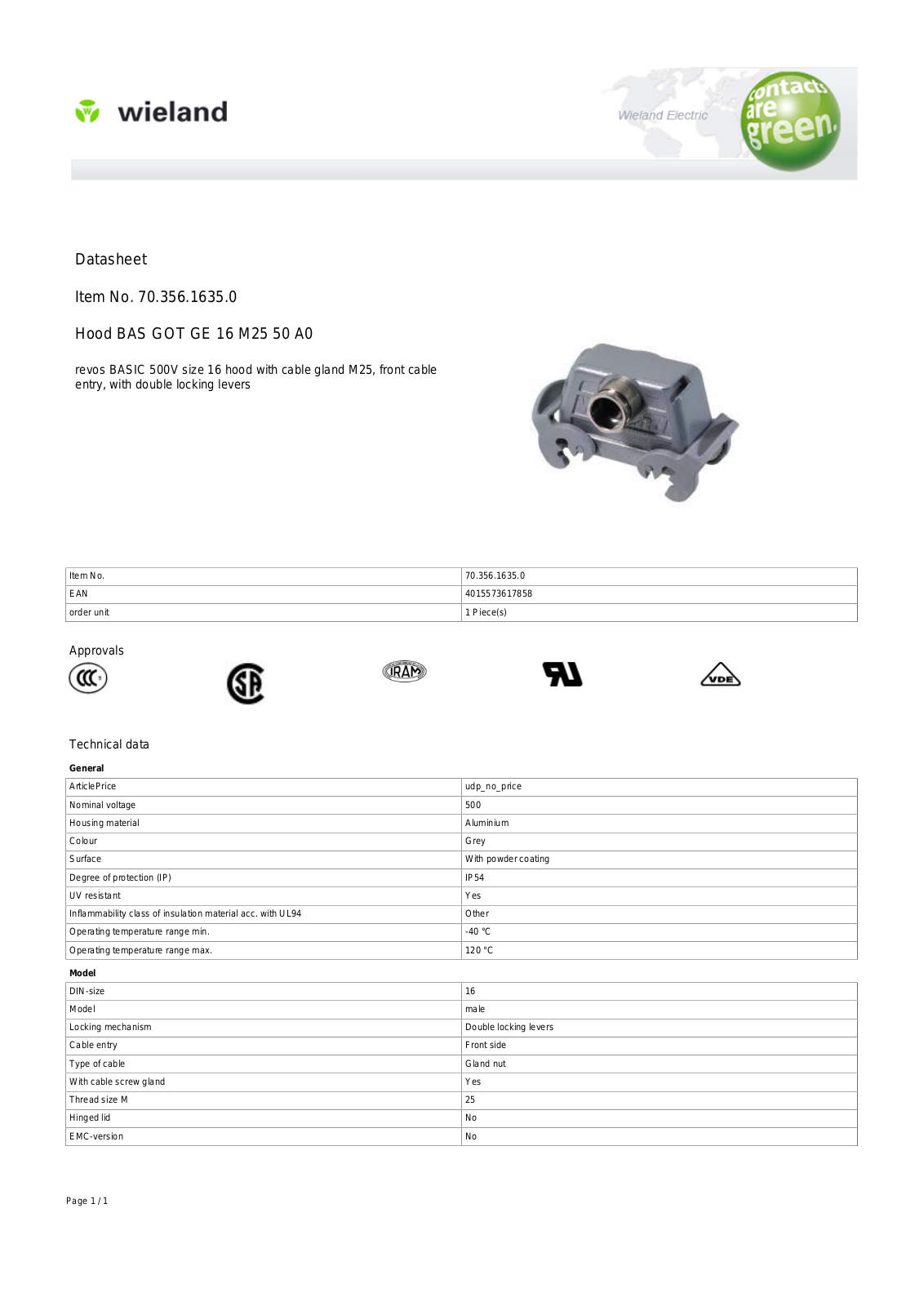 Wieland 70.356.1635.0 Data Sheet