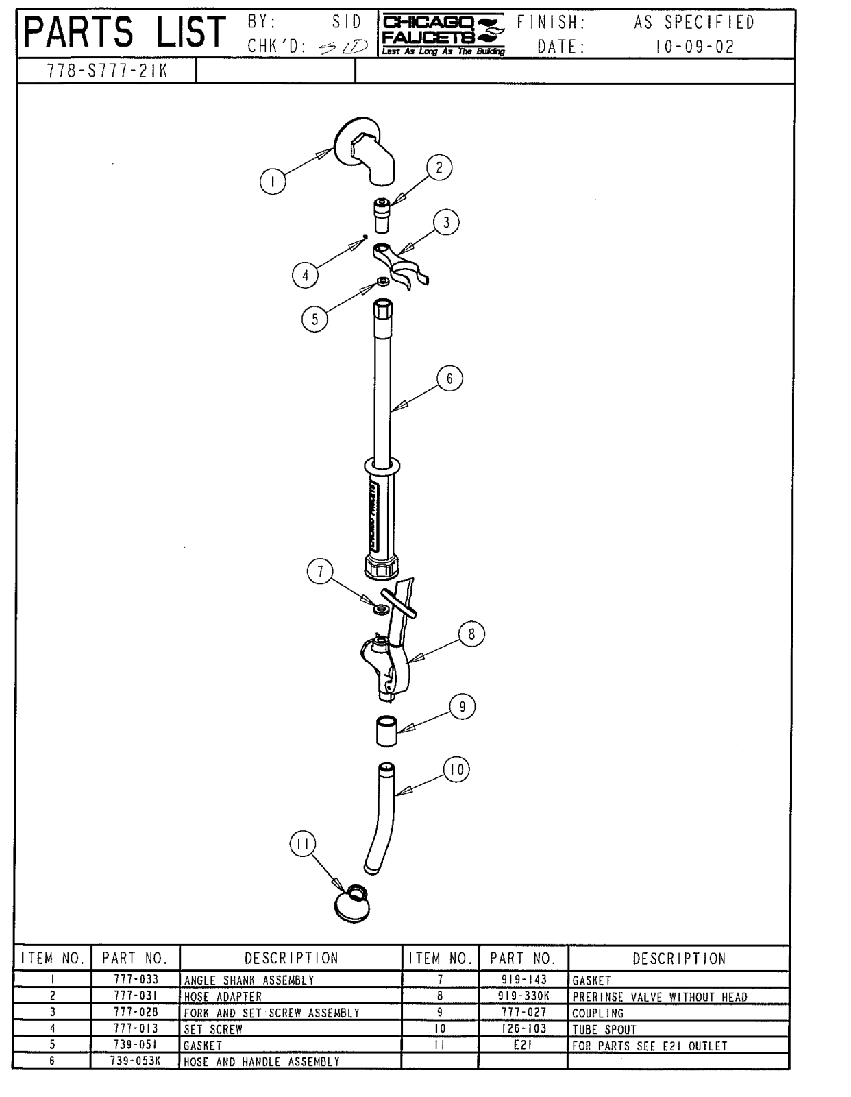 Chicago Faucet 778-S777-21K Parts List