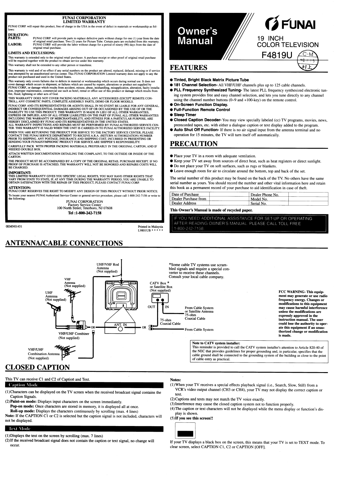 FUNAI F4819U User Manual