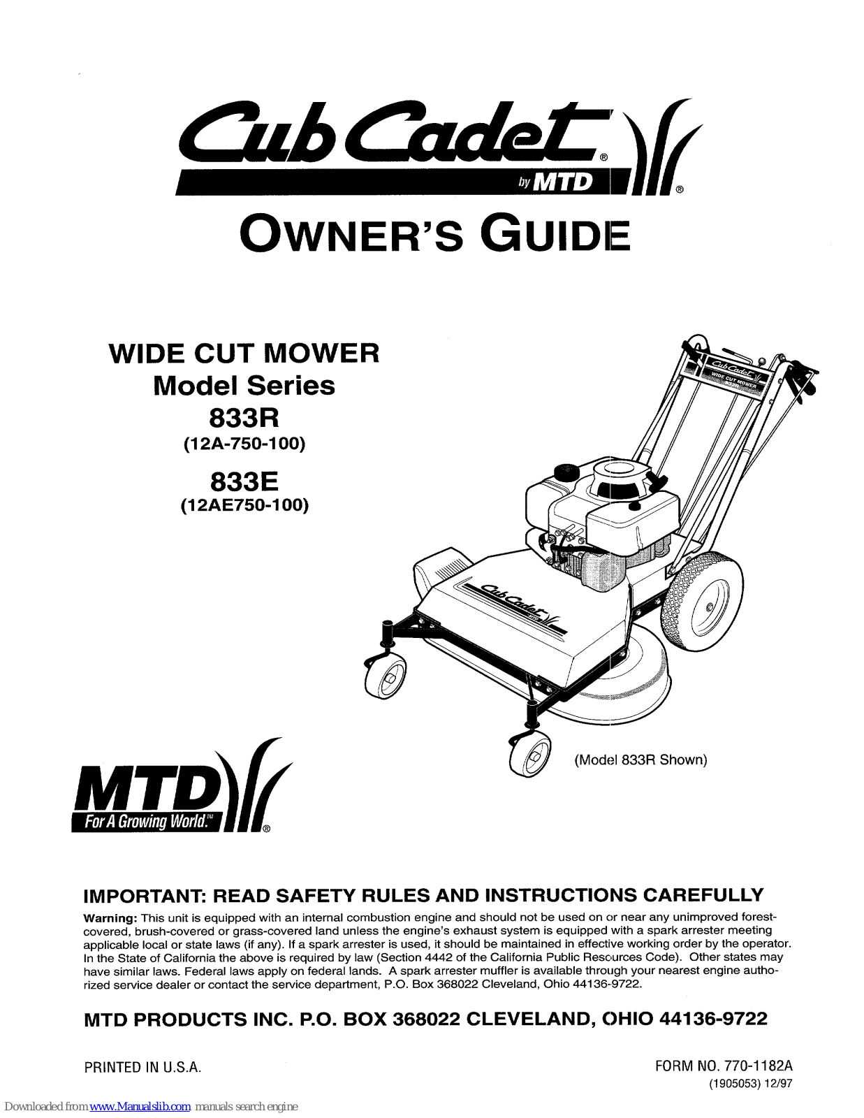 Cub Cadet 833E Series, 833R Series Owner's Manual