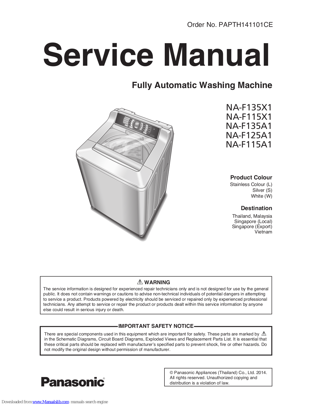 Panasonic NA-F135X1, NA-F115X1, NA-F135A1, NA-F125A1, NA-F115A1 Service Manual