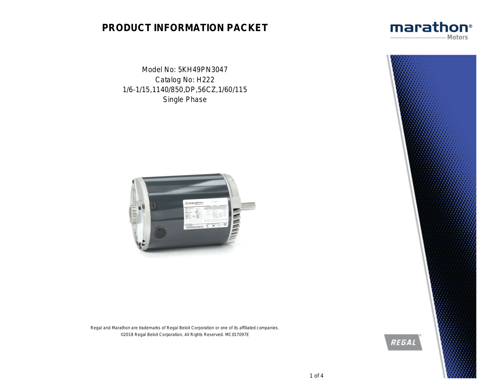 Marathon Electric 5KH49PN3047 Product Information Packet