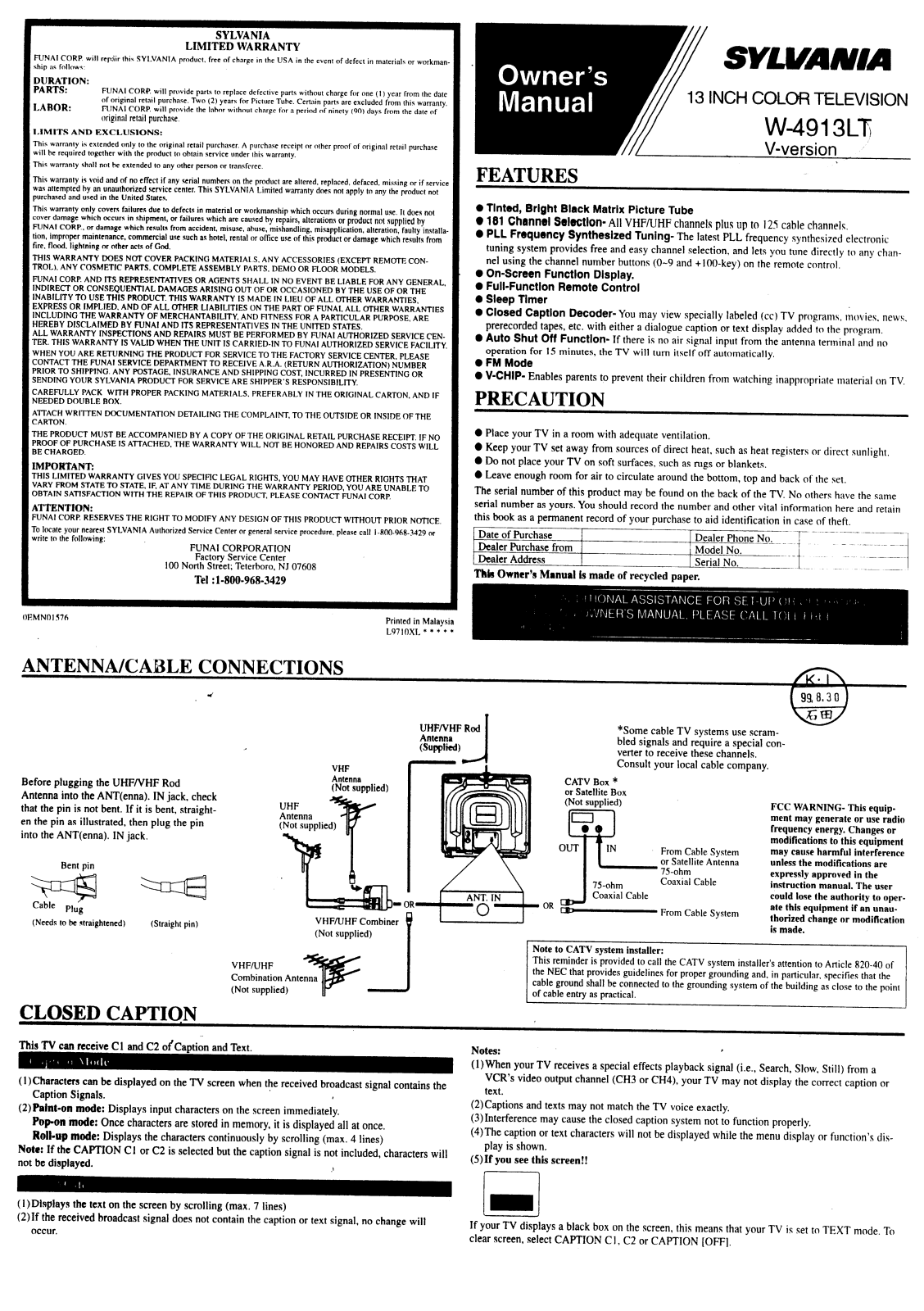 Sylvania W4913LTV User Manual