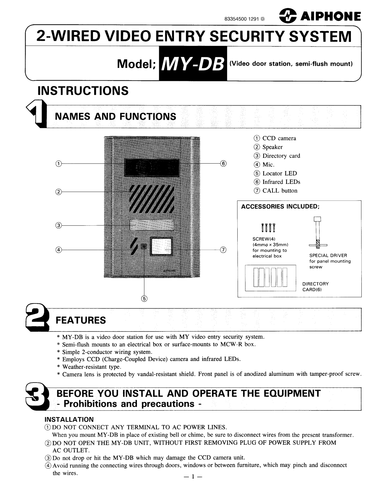 Aiphone MY-DB Instruction