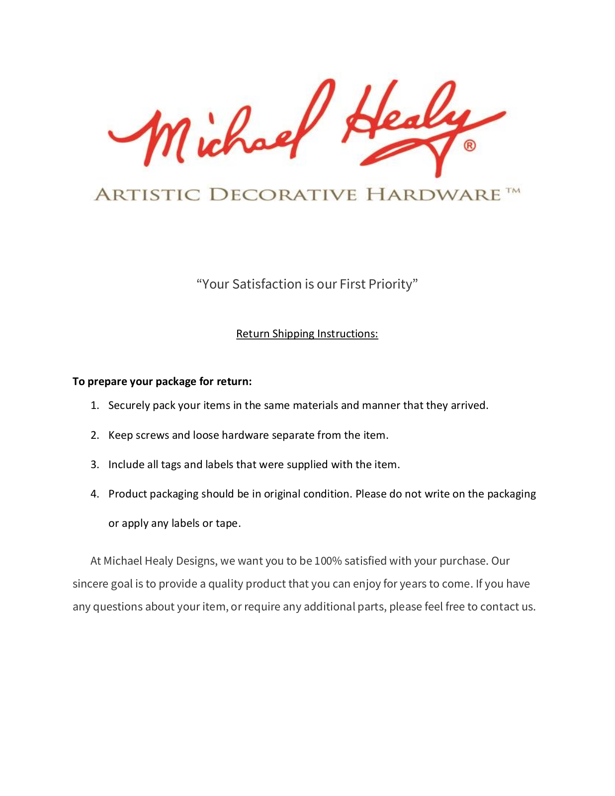 Michael Healy MHDE1161 Return Instructions