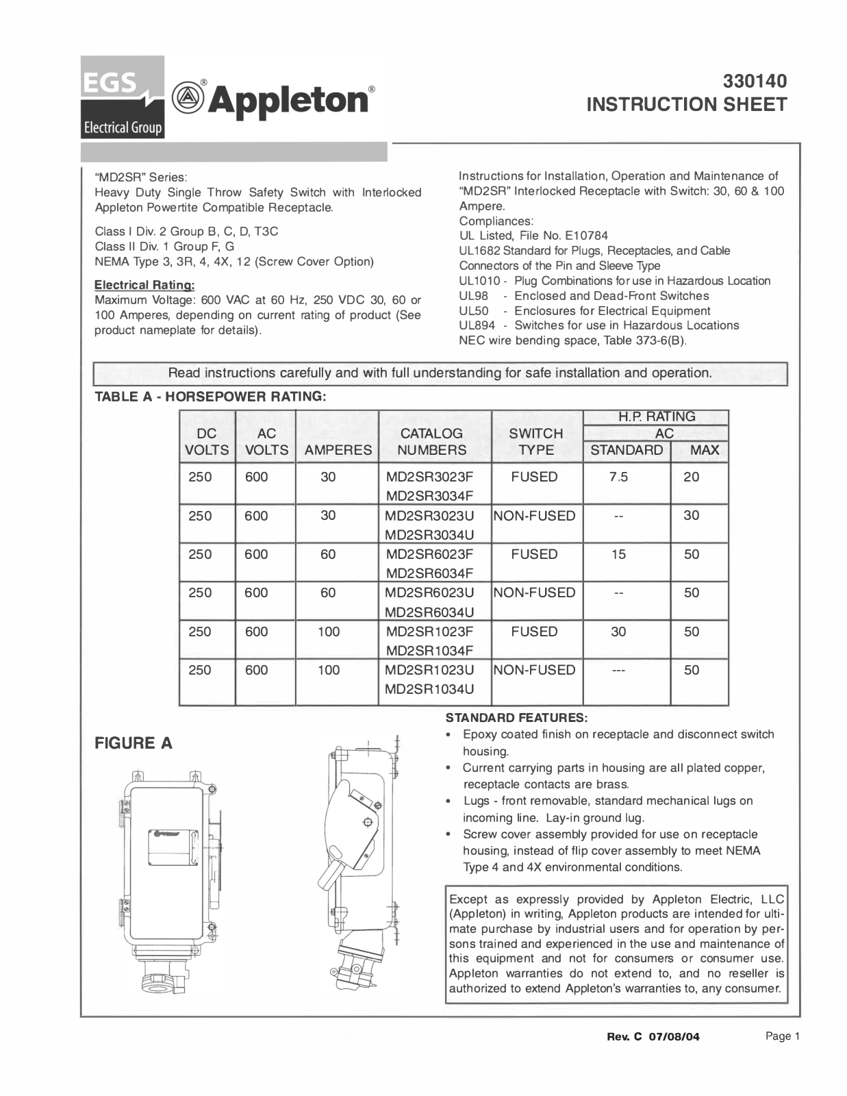 Appleton MD2SR Series Instruction Sheet