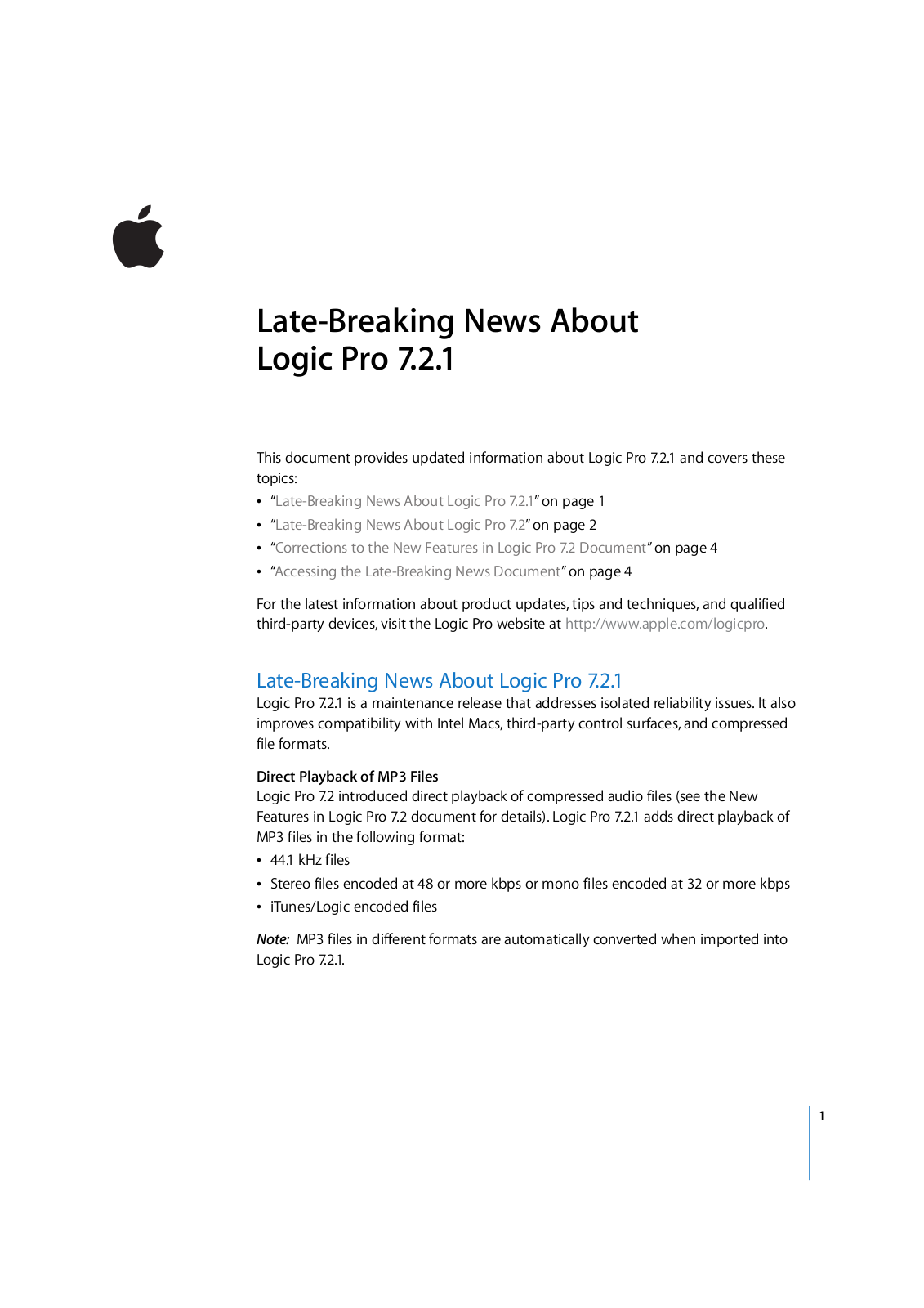 Apple LOGIC PRO 7.2 Late-Breaking News