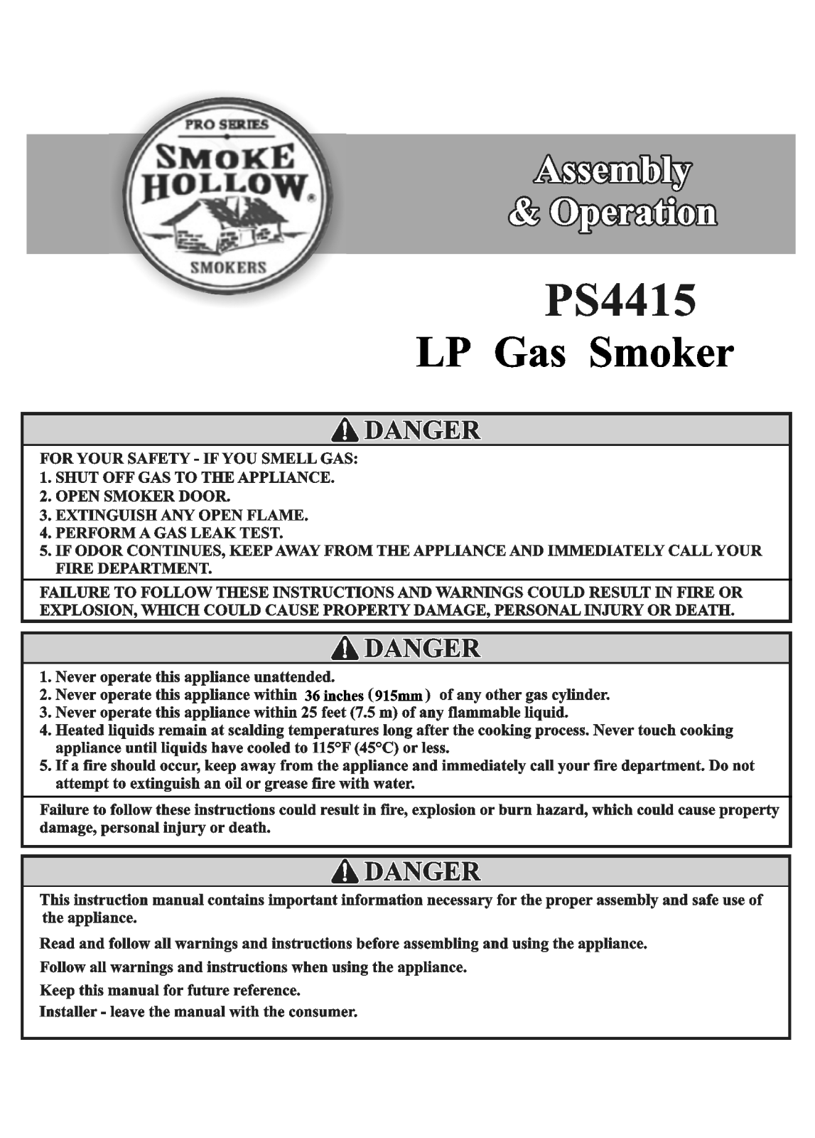 Smoke Hollow Ps4415 Owner's Manual