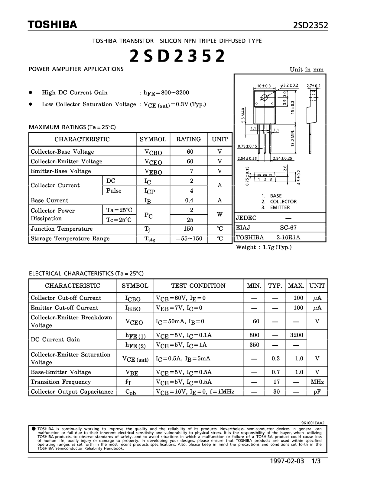 Toshiba 2SD2352 Datasheet