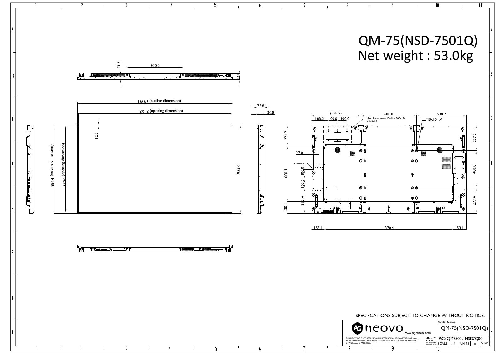 AG neovo QM-75 Dimensional drawing