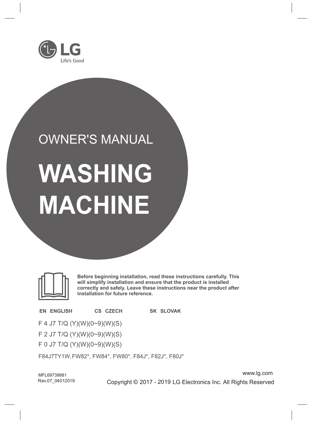 LG F84J7TY1W Operating Instructions