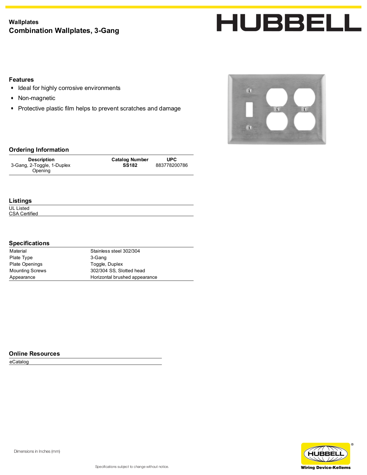 Hubbell SS182 Specifications