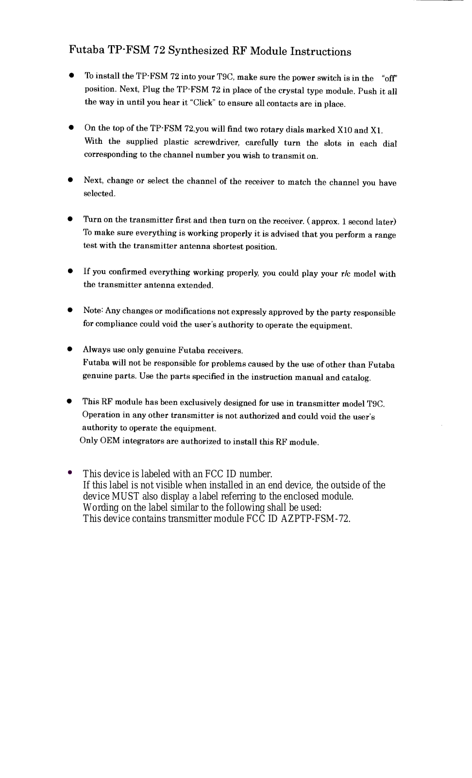 Futaba TP FSM 72 User Manual