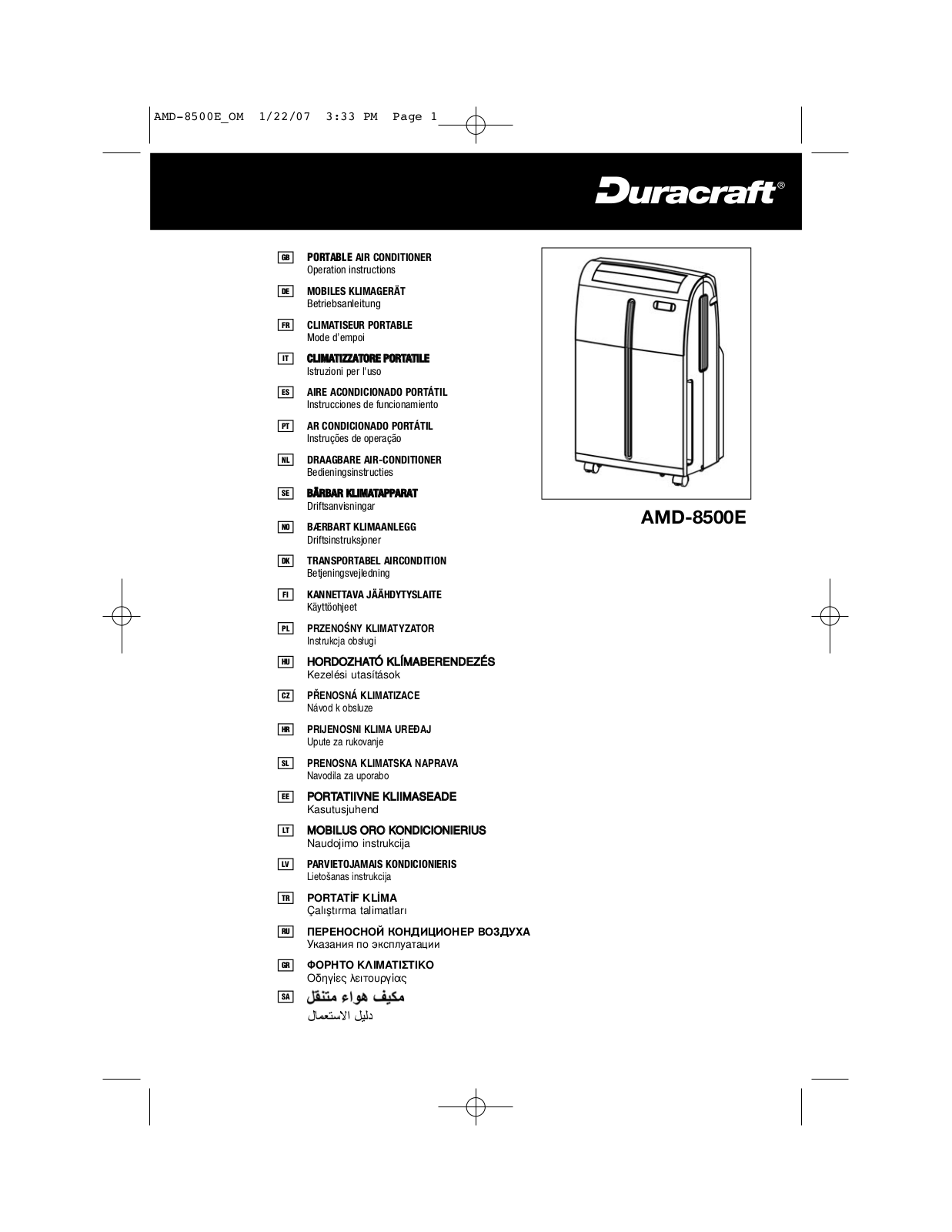 Duracraft AMD-8500E Operation Manual