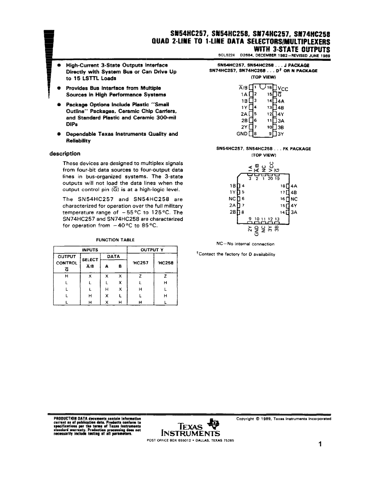 Datasheet SN54HC257J, SN74HC257D, SN74HC257DR, SN74HC257N, SN74HC257NSR Datasheet (Texas Instruments) - ManualMachine.com