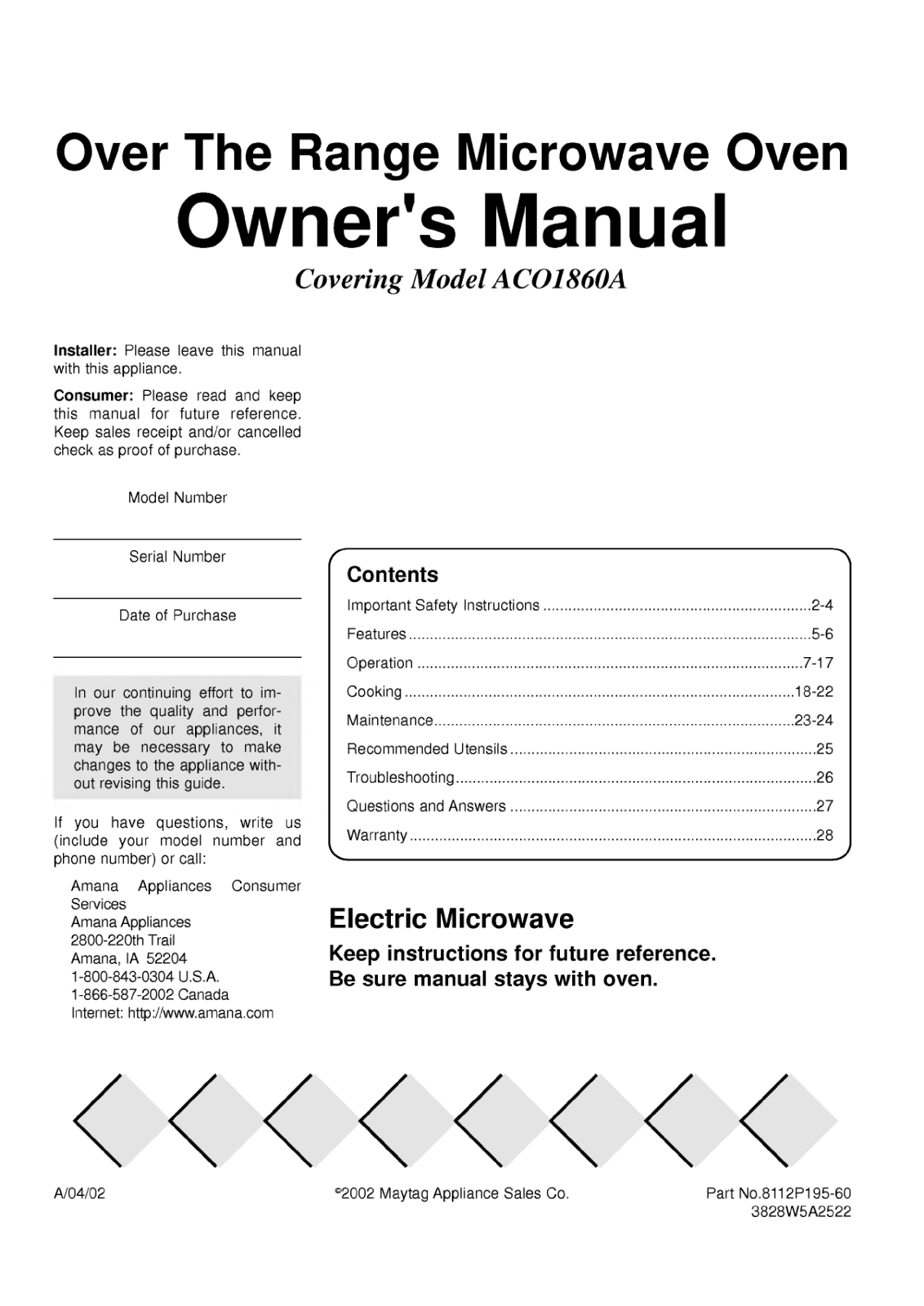 Amana Aco1860ab, Aco1860ac, Aco1860as, Aco1860aw Owner's Manual