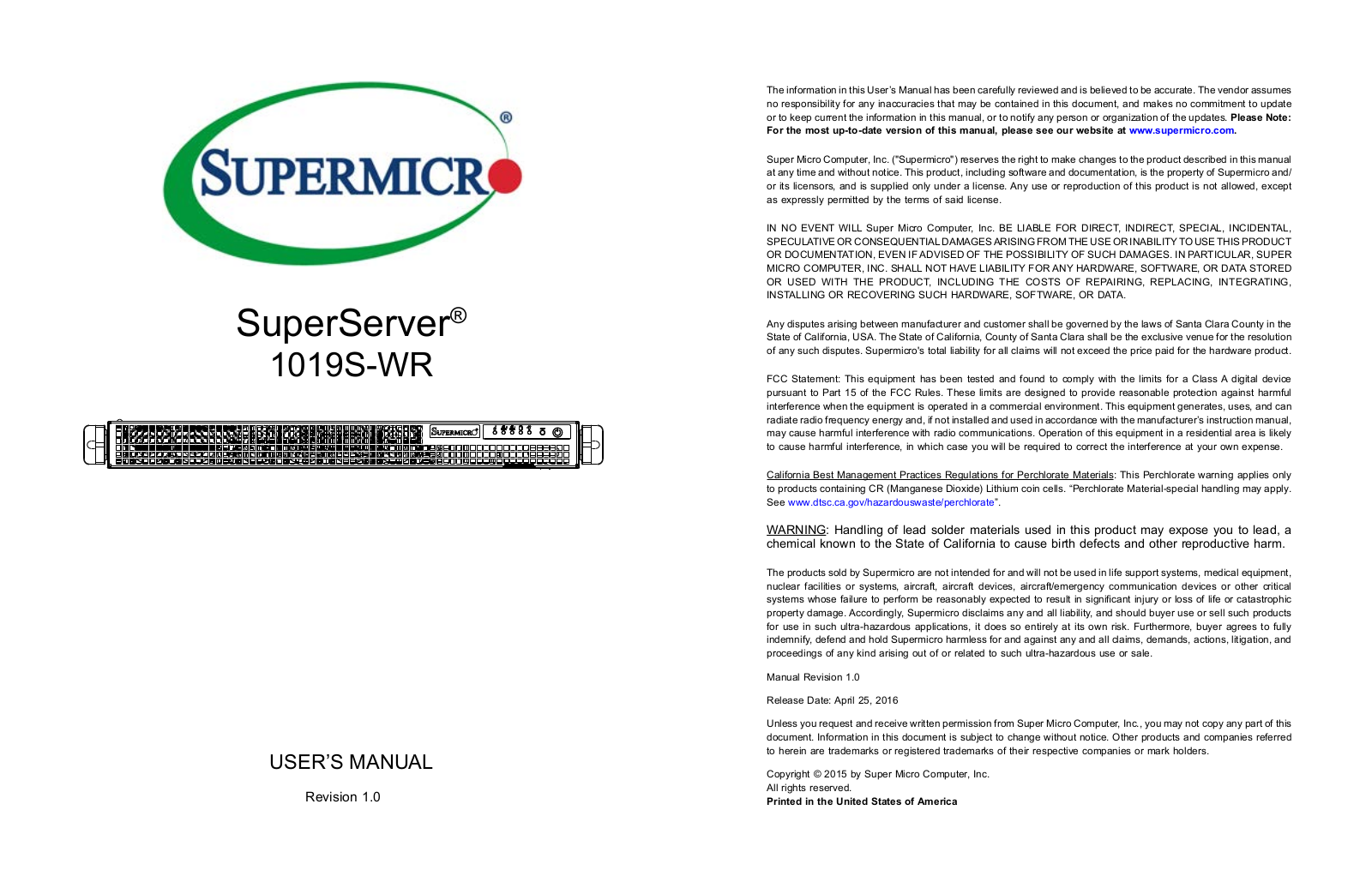 Supermicro SuperServer 1019S-WR User Manual