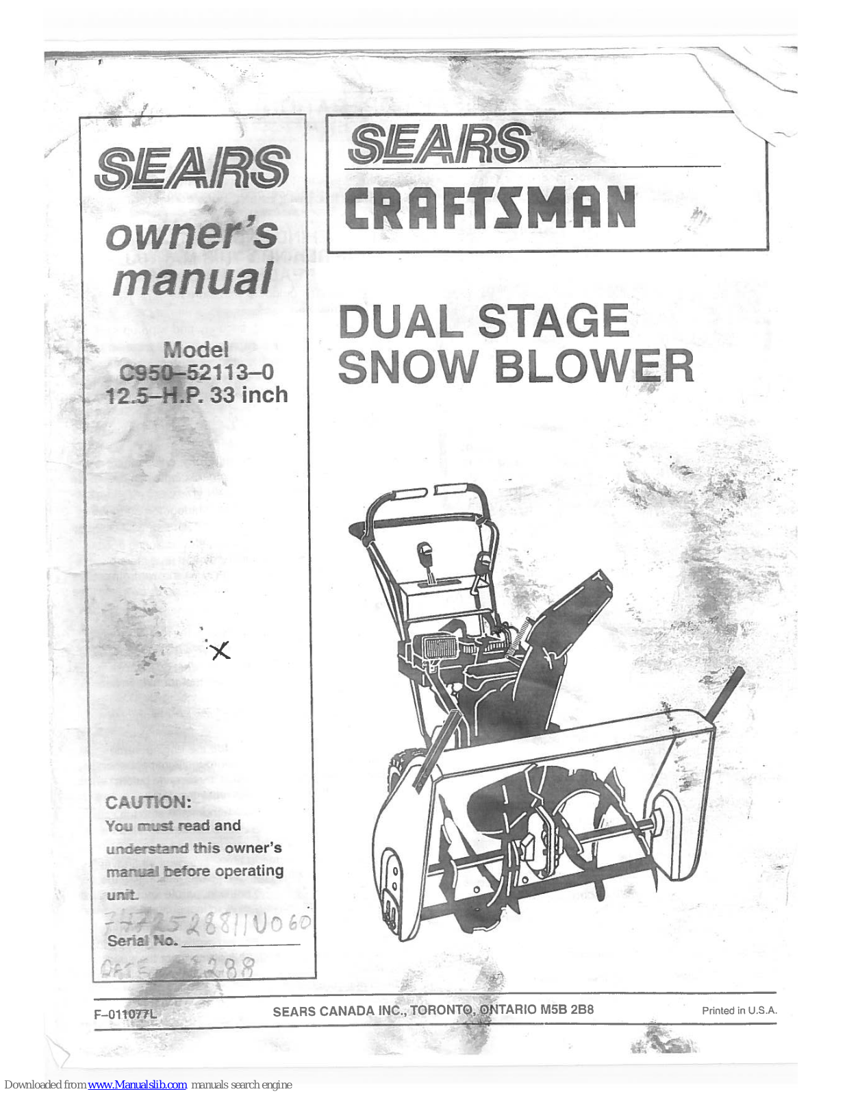 Sears Craftsman C950-52113-0 Owner's Manual