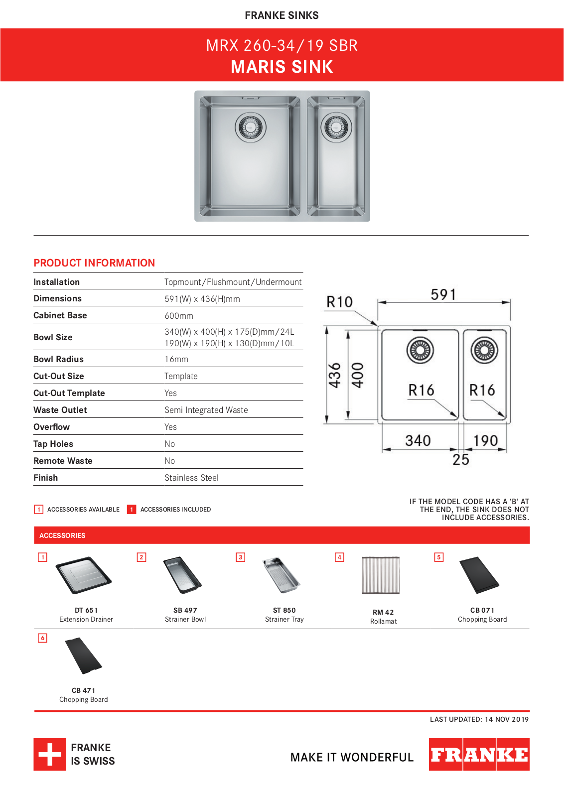 Franke MRX260-34/19SBR Specifications Sheet