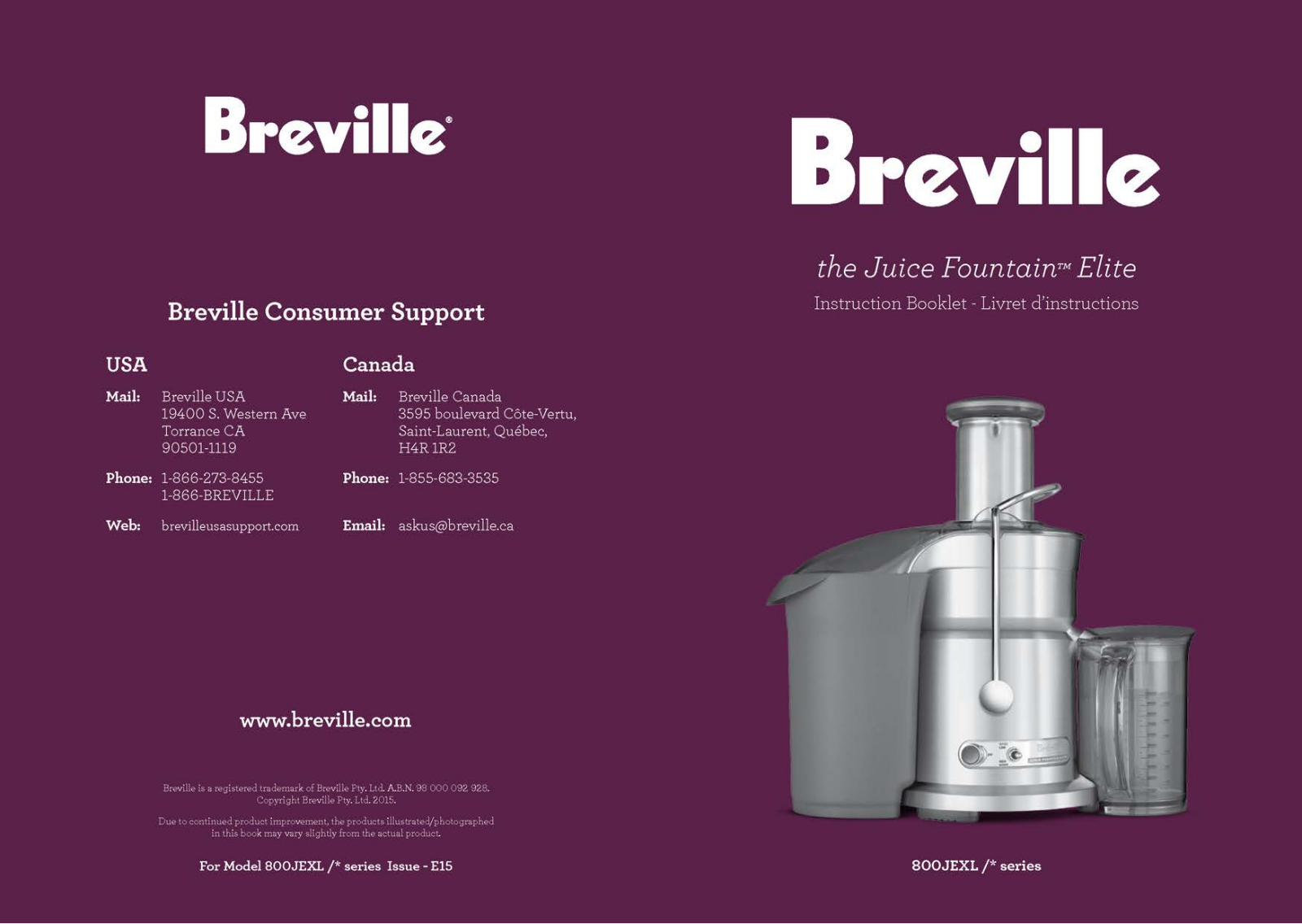 Breville 800JEBSS, 800JEXL Instruction Handbook