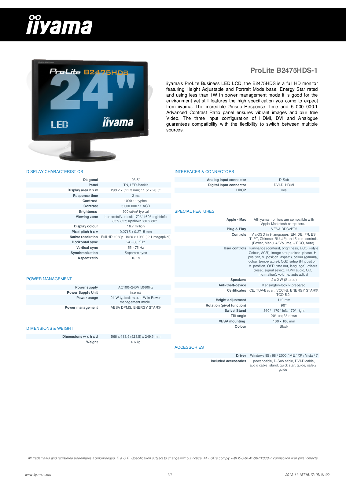 Iiyama B2475HDS-1 User Manual