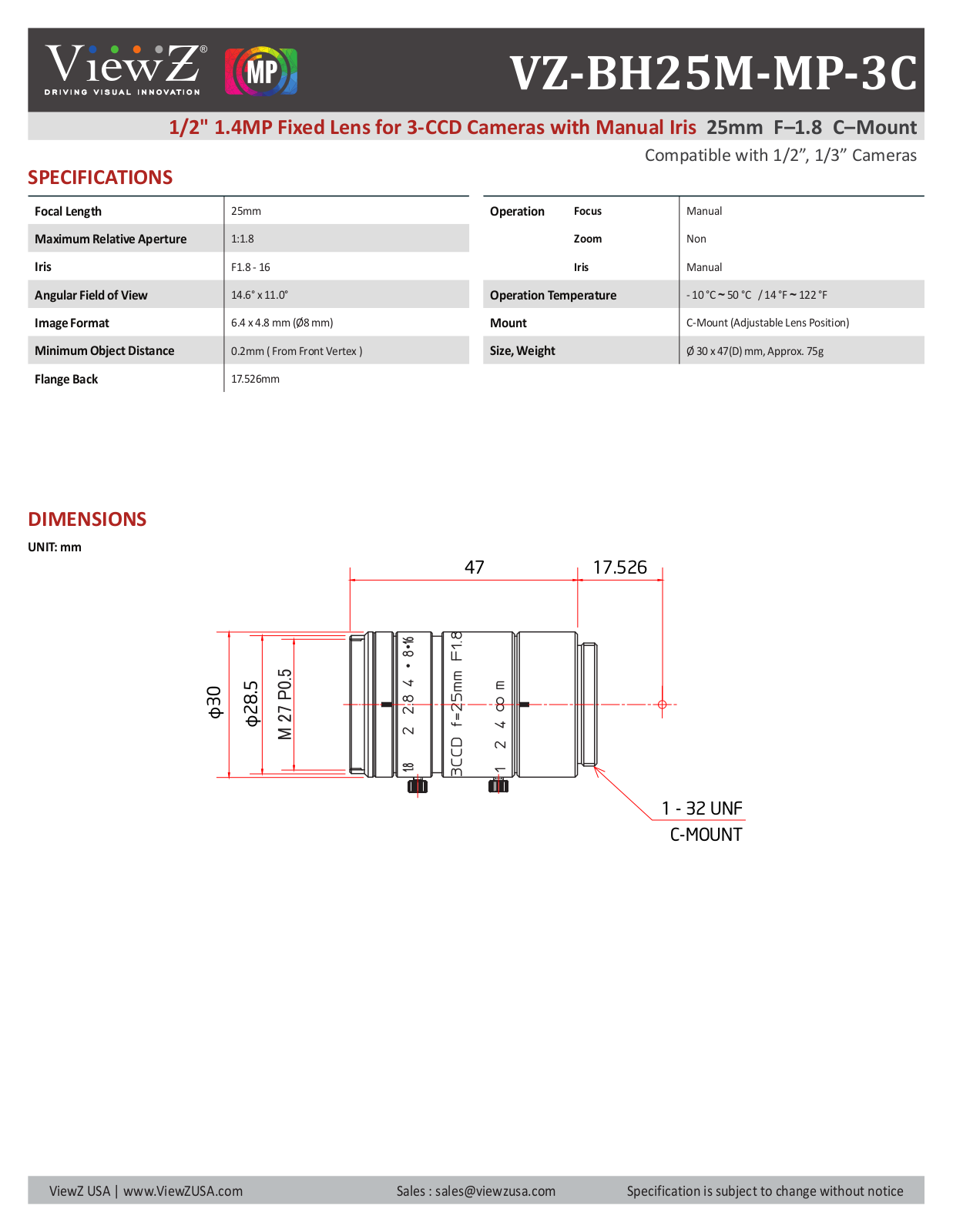 ViewZ VZ-BH25M-MP-3C Specsheet