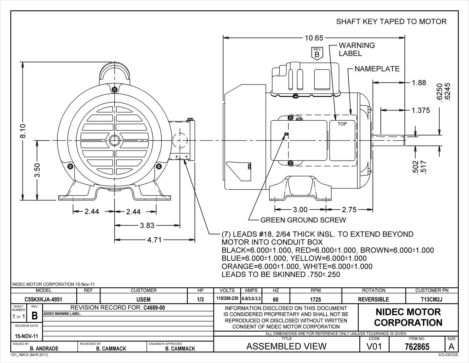 US Motors T13CM2J Dimensional Sheet