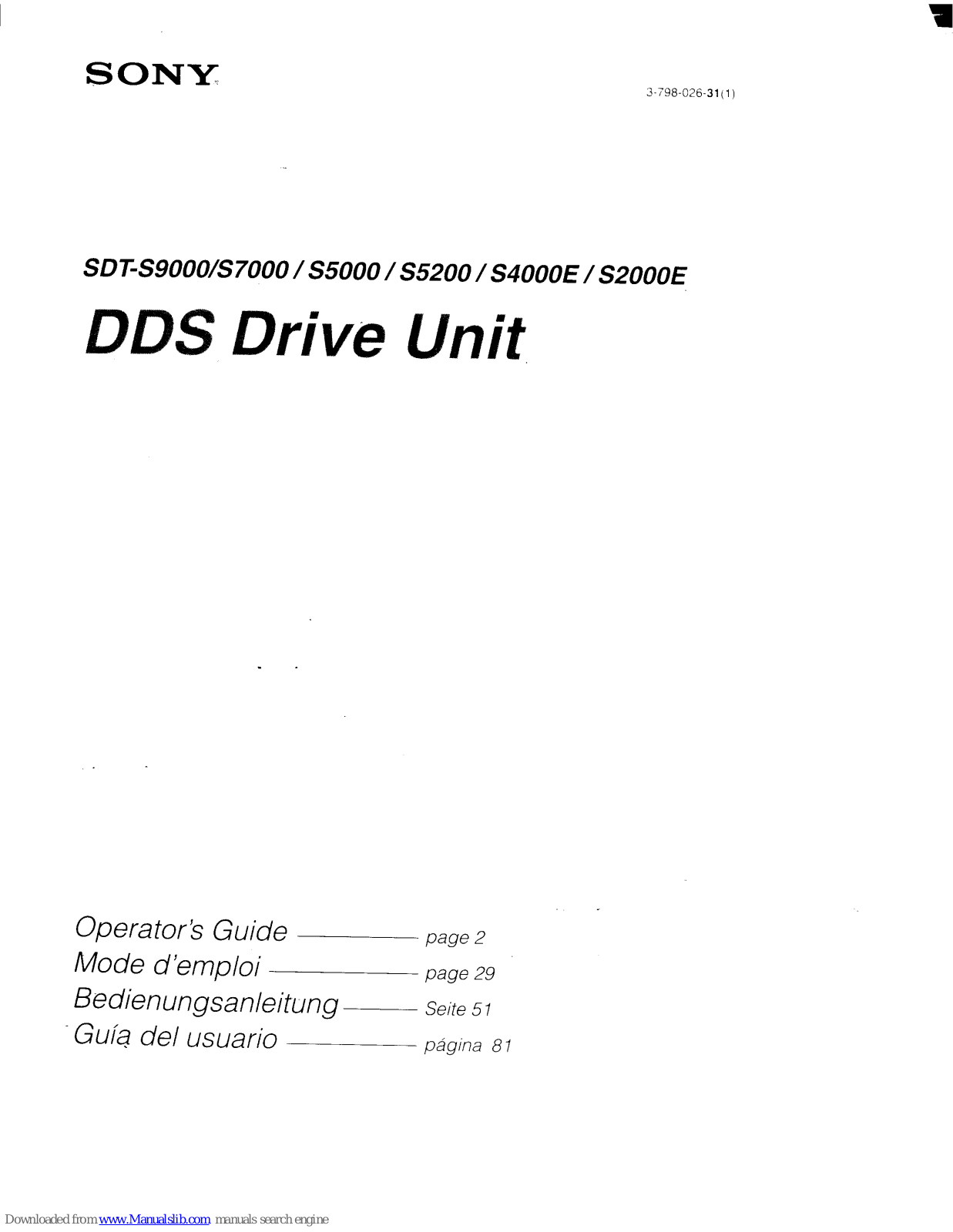 Sony SDT-S9000 - DDS Tape Drive, SDT-S7000, SDT-S5000, SDT-S5200, SDT-S4000E Operator's Manual