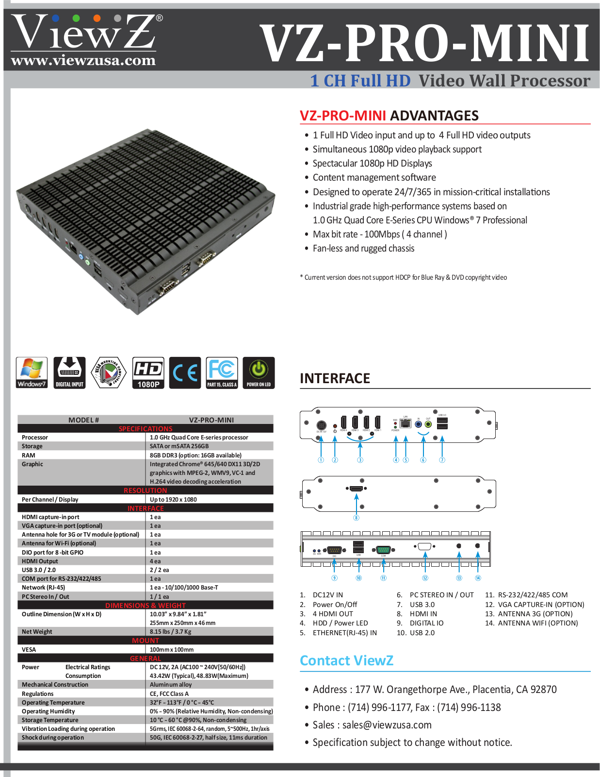 ViewZ VZ-PRO-MINI Specsheet