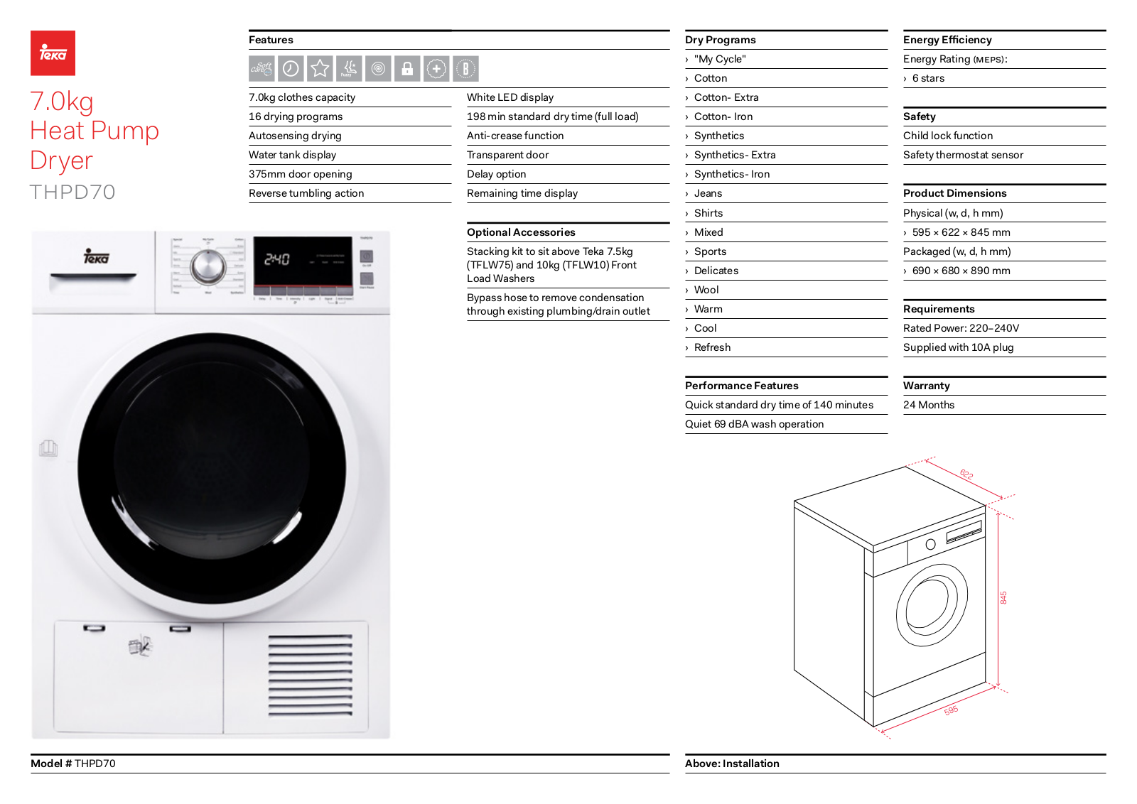 Teka THPD70 Specifications Sheet