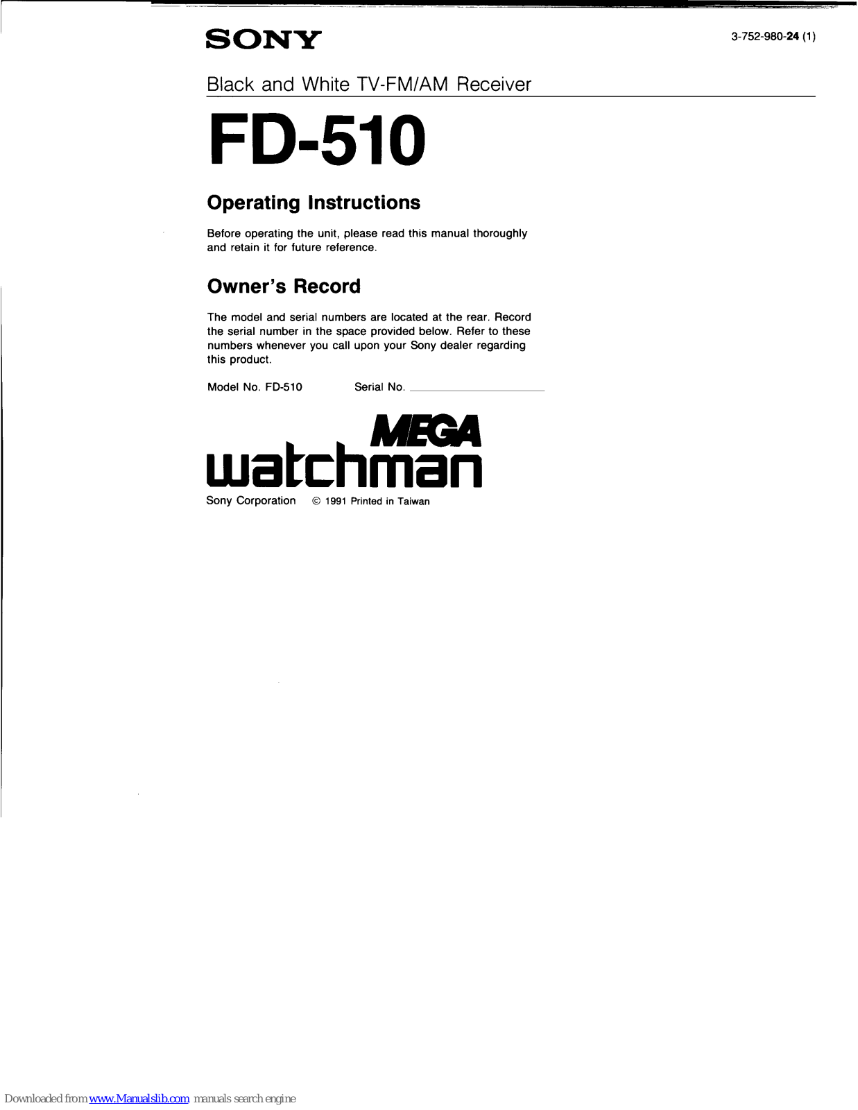 Sony FD-510 Mega Watchman Operating Instructions Manual