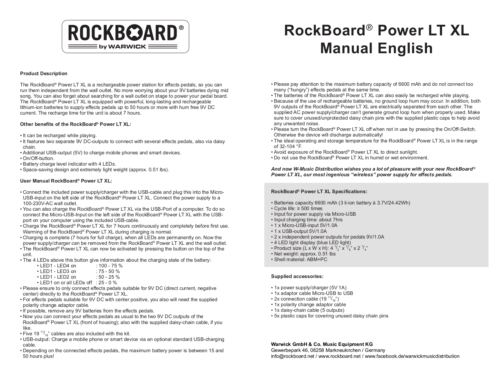 RockBoard Power LT XL User manual