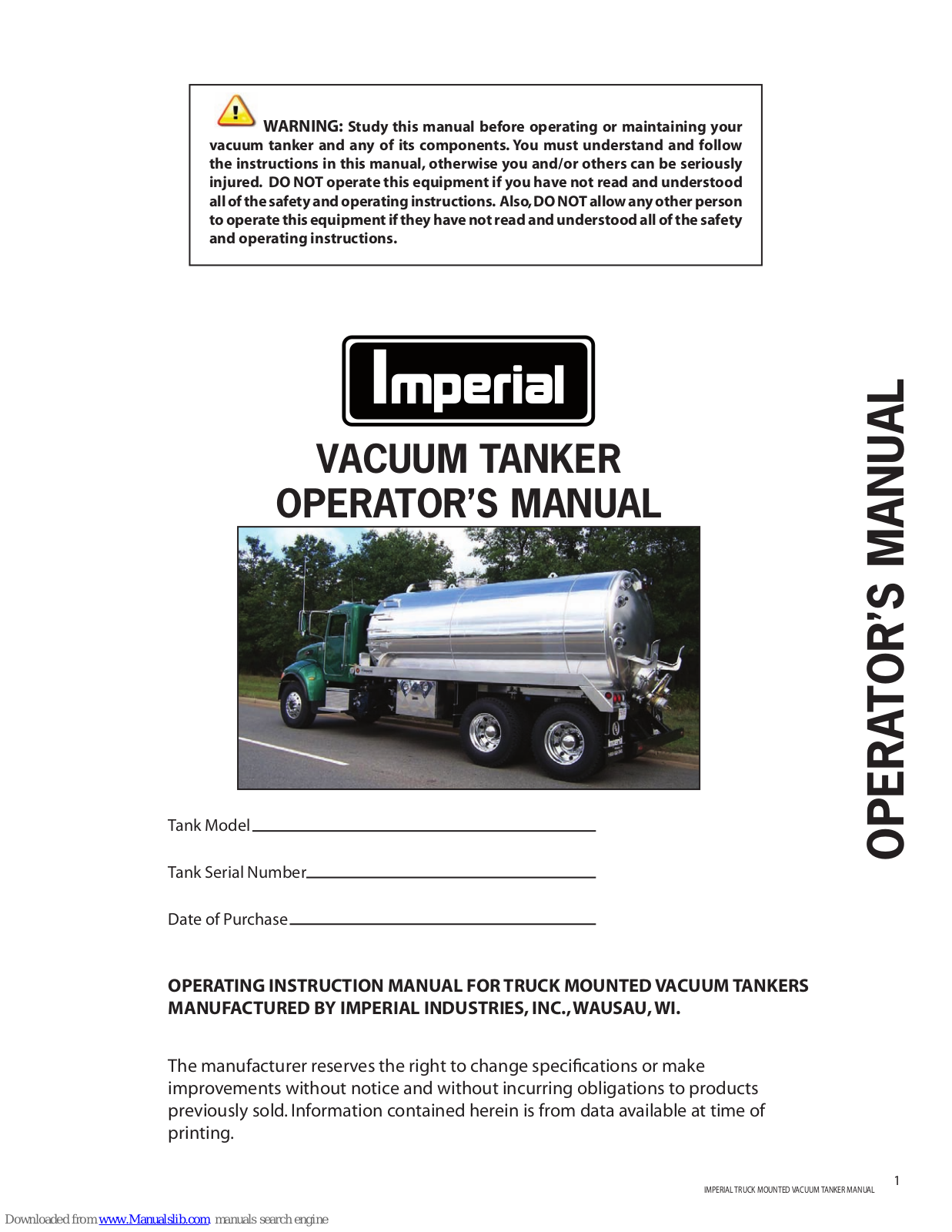 Imperial TMV-2500, TMV-2000, TMV-3000, TMV-3200, TMV-3400 Operator's Manual