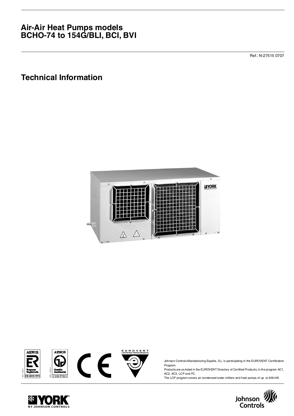 Johnson Controls YORK BCHO-104G, YORK BCHO-154G, YORK BVI-74, YORK BLI-74, YORK BCI-104 Technical Information