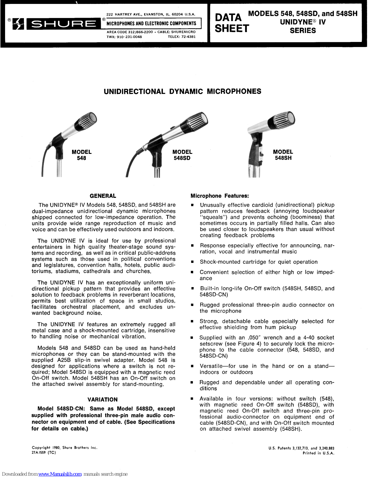 Shure 548sd, 548sh, unidyne IV 548, unidyne IV 548sd, unidyne IV 548sh Datasheet