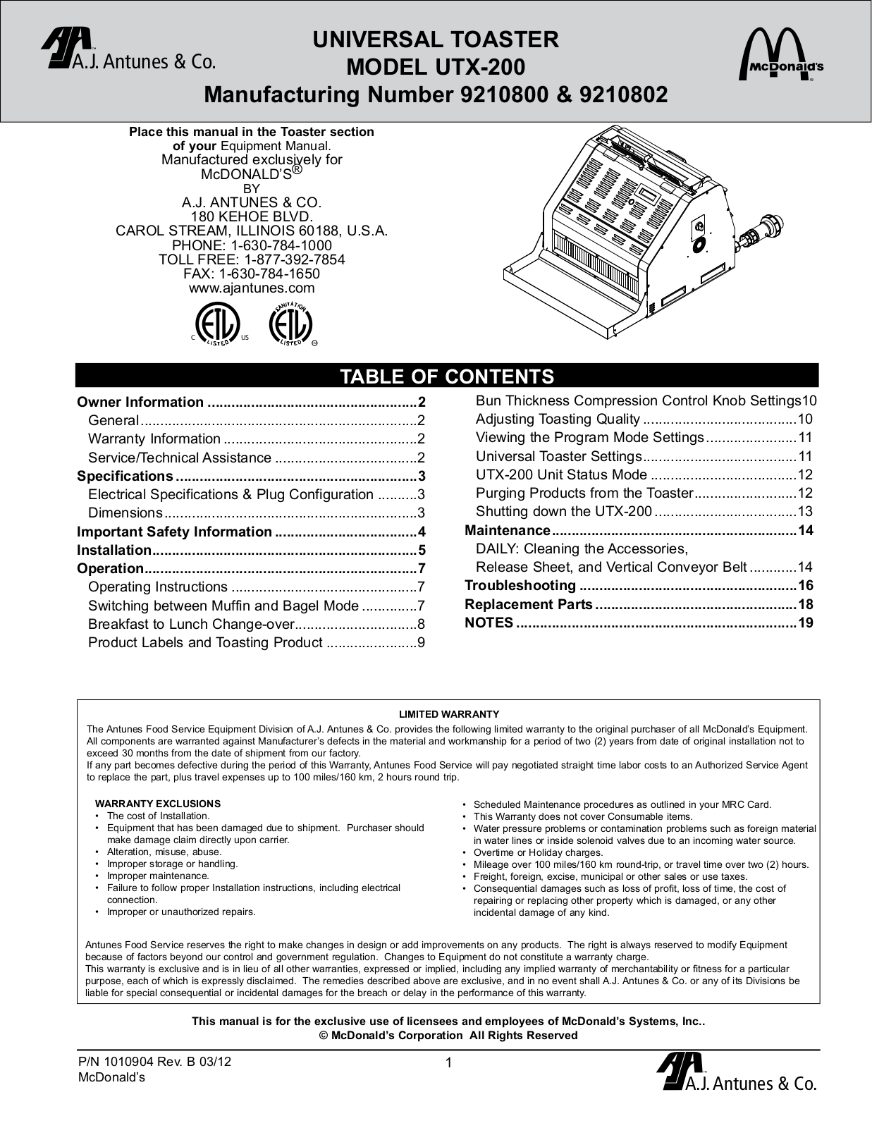 Antunes UTX-200 User Manual