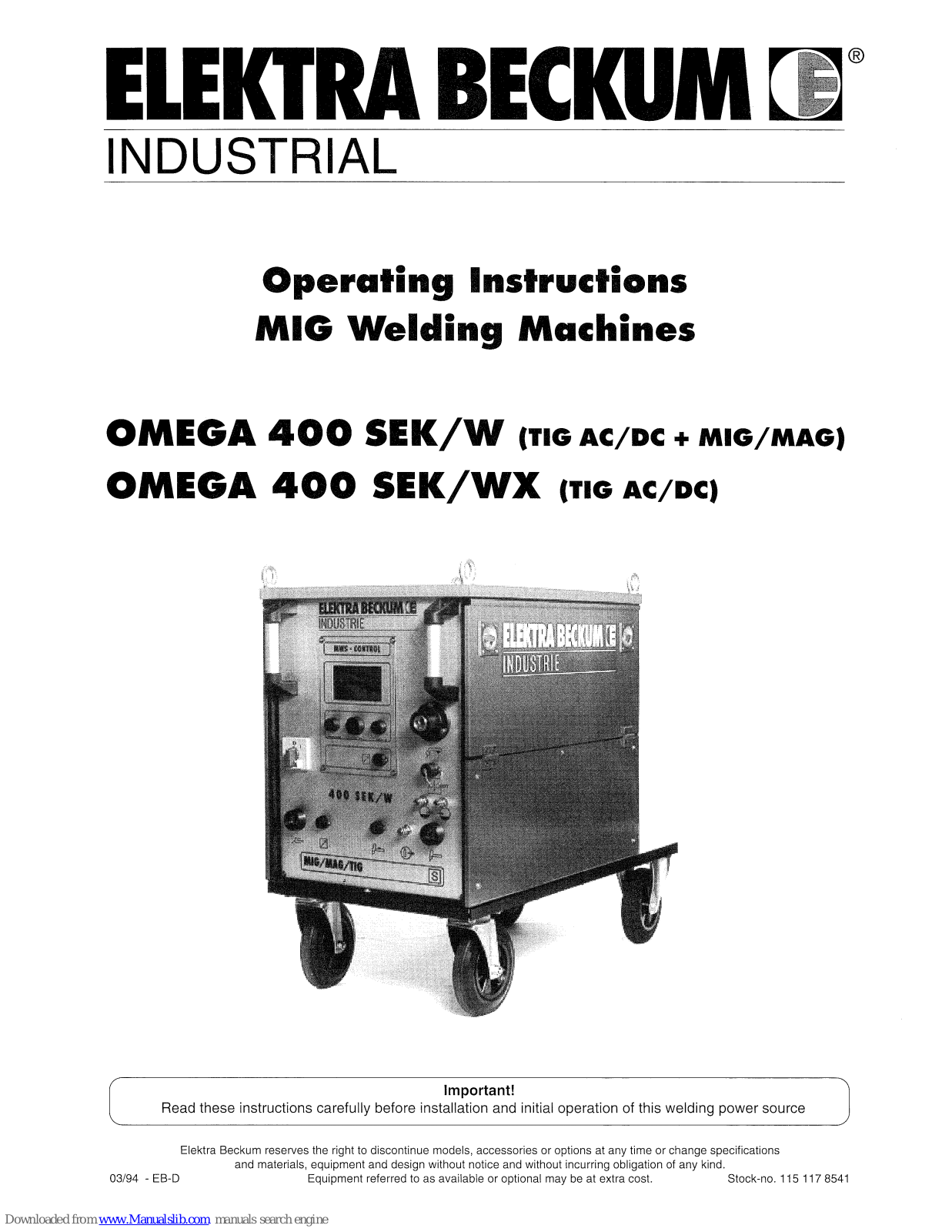 Elektra Beckum 400 SEK/W, 400 SEK/WX, OMEGA 400 SEK/W, OMEGA 400 SEK/WX Operating Instructions Manual