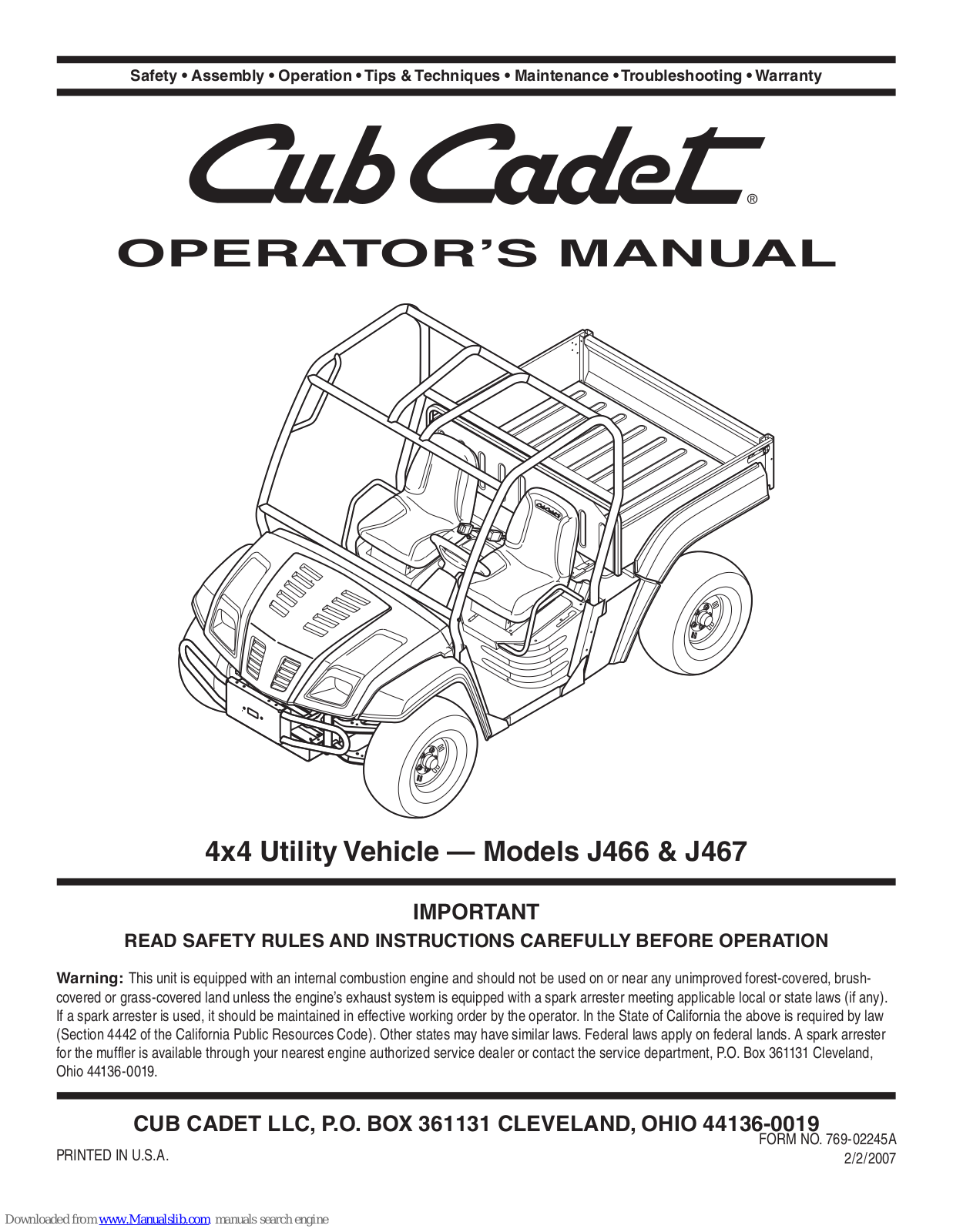 Cub Cadet J466 Operator's Manual