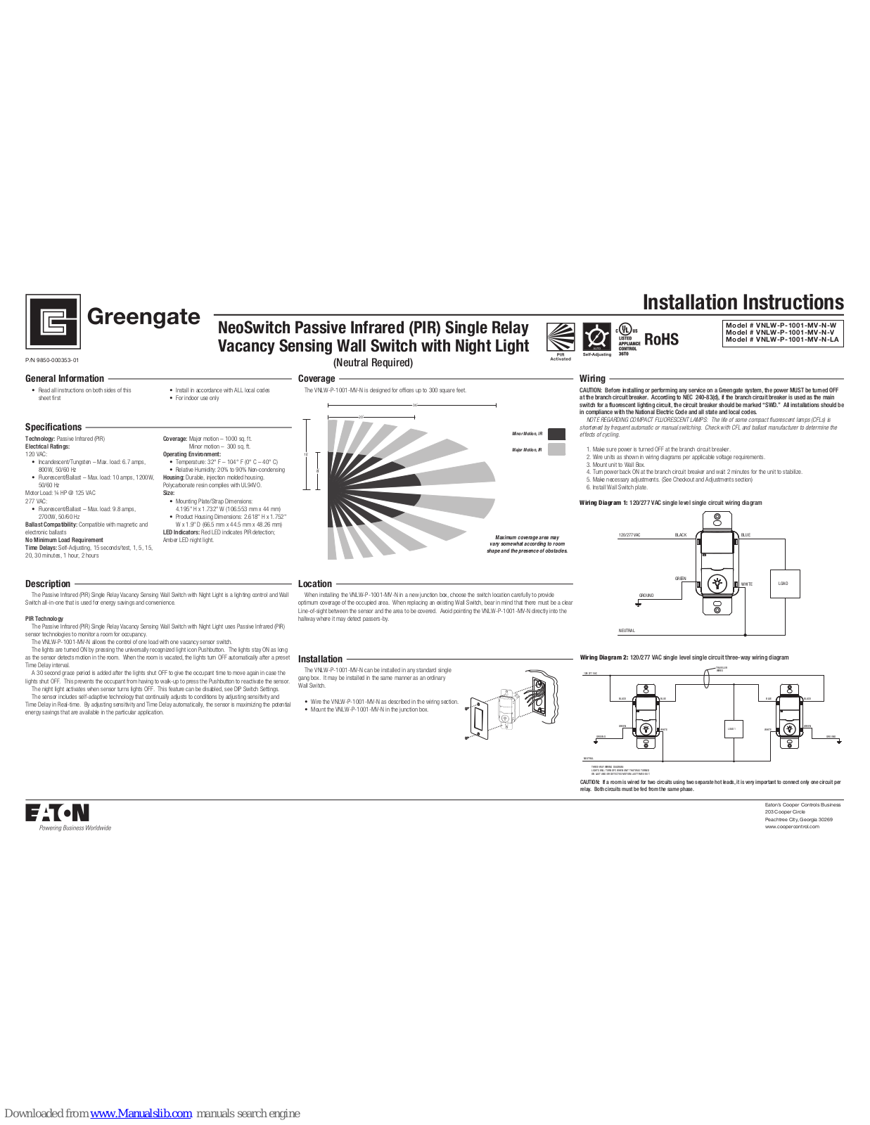 Greengate VNLW-P-1001-MV-N-W, VNLW-P-1001-MV-N-LA, VNLW-P-1001-MV-N-V Installation Instructions Manual