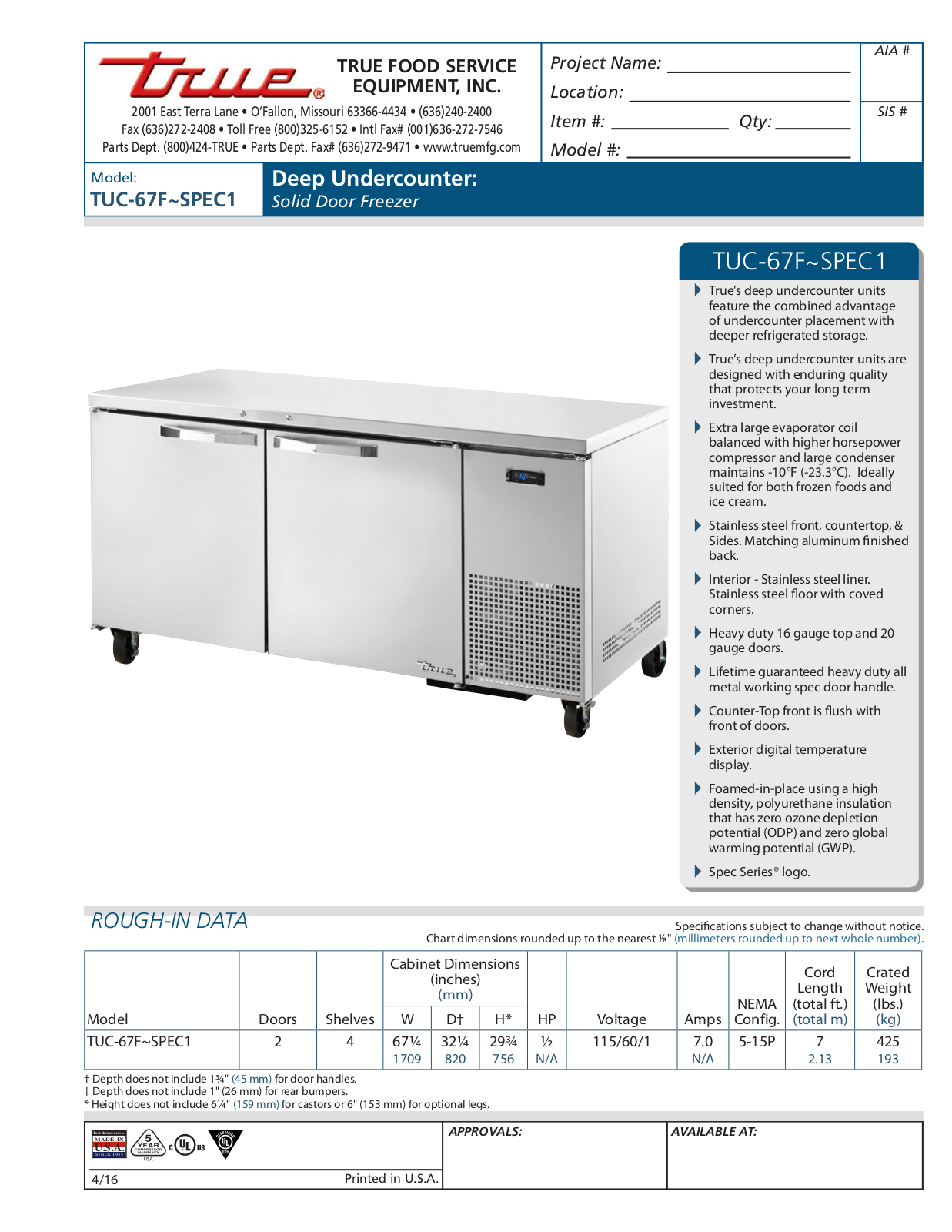 True Refrigeration TUC-67F User Manual