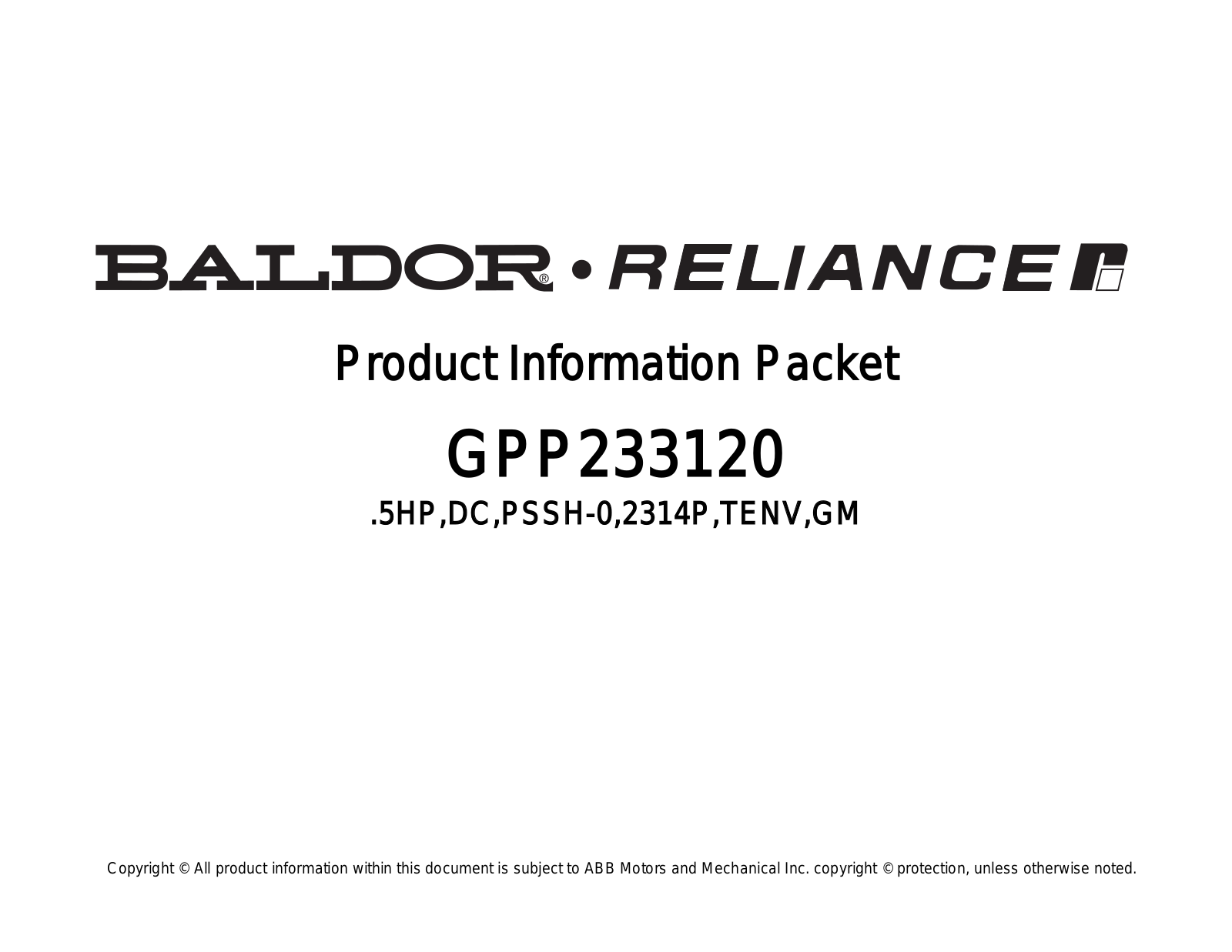 Baldor GPP233120 Product Information Sheet