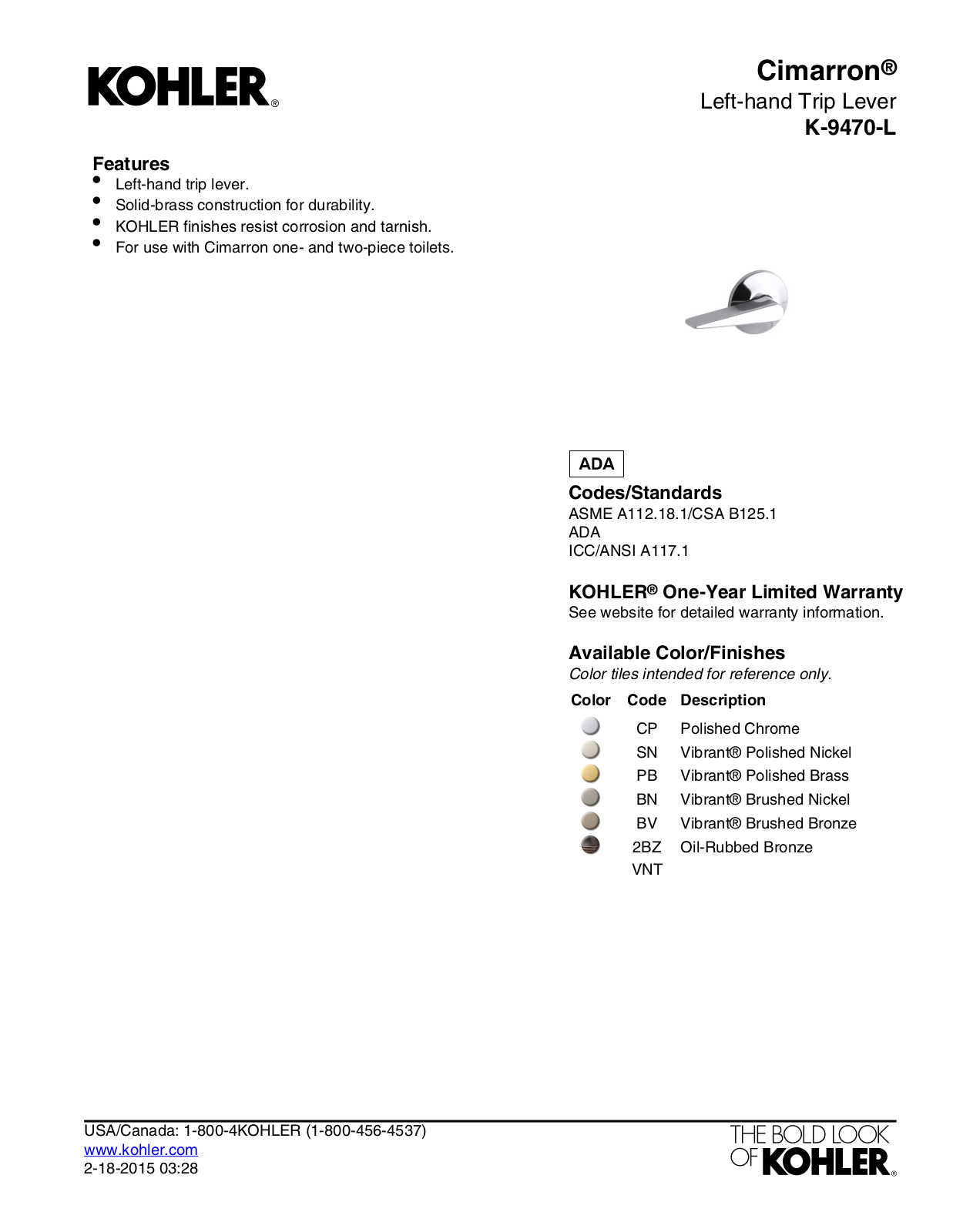 Kohler KOH7407 Specifications - ManualMachine.com