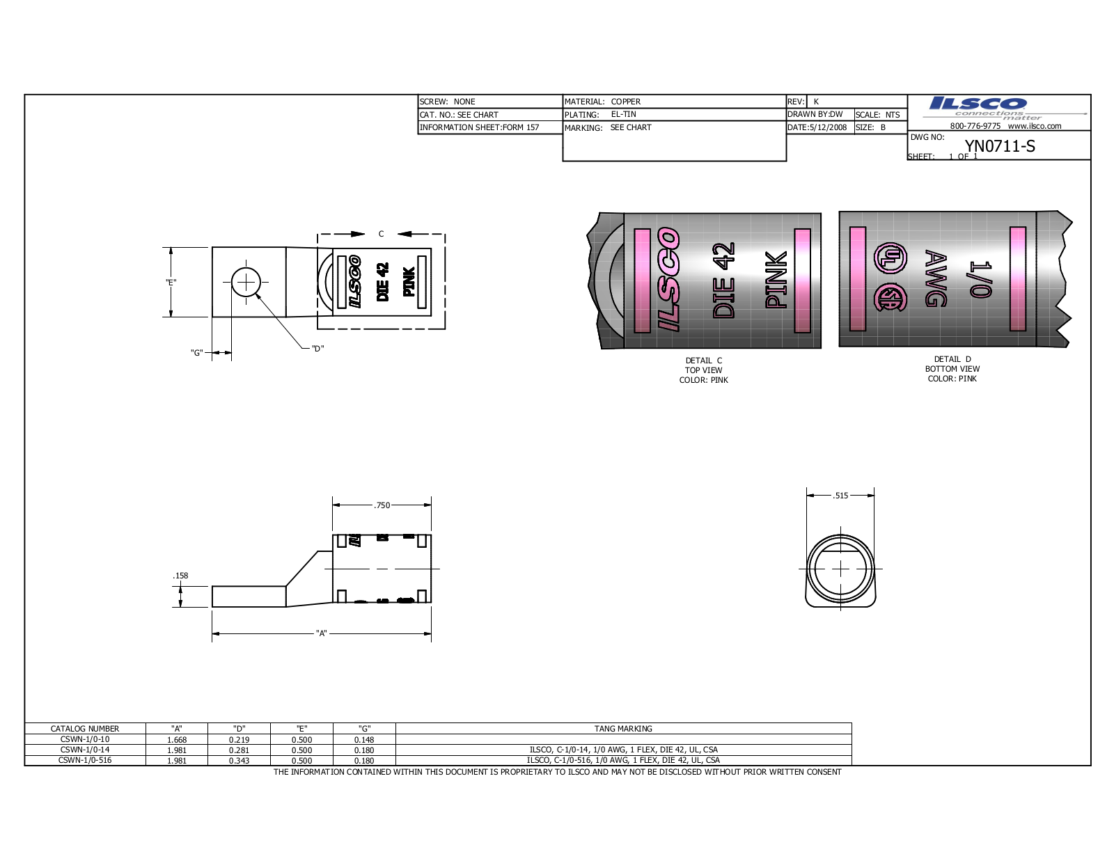 Ilsco CSWN-1/0-10 Data sheet